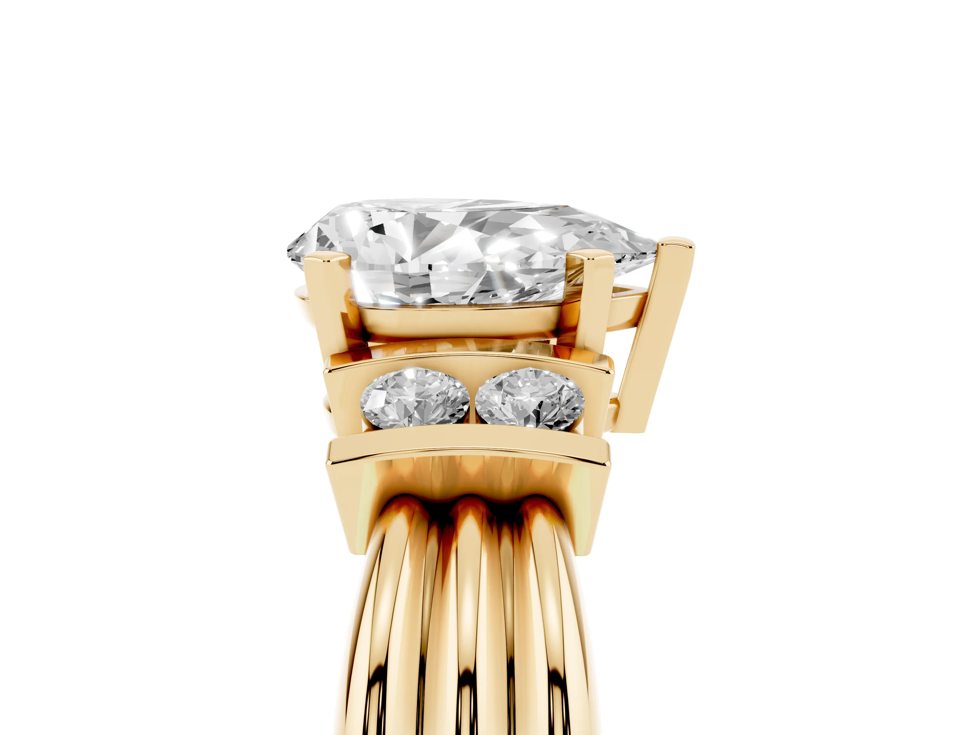 Three-Stone Pear Cut Diamond Channel Set Ring Set in Yellow gold with Bar Prongs
