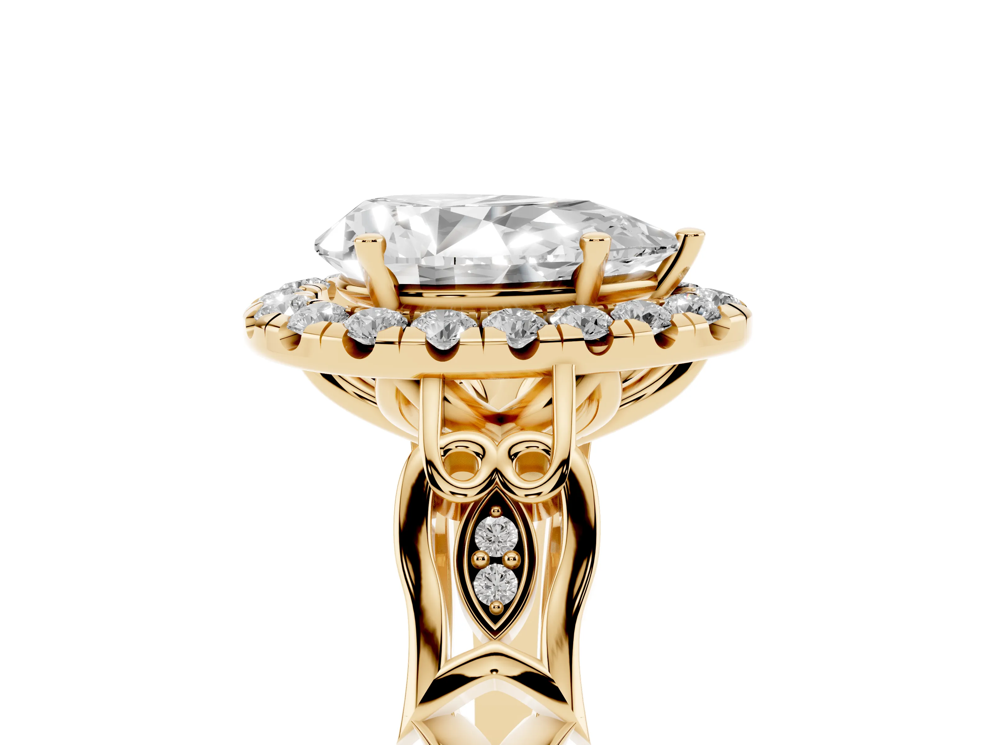 Pear Cut Diamond Halo Engagement Ring Set in Yellow gold with Filigree Band and Prong-Set Center