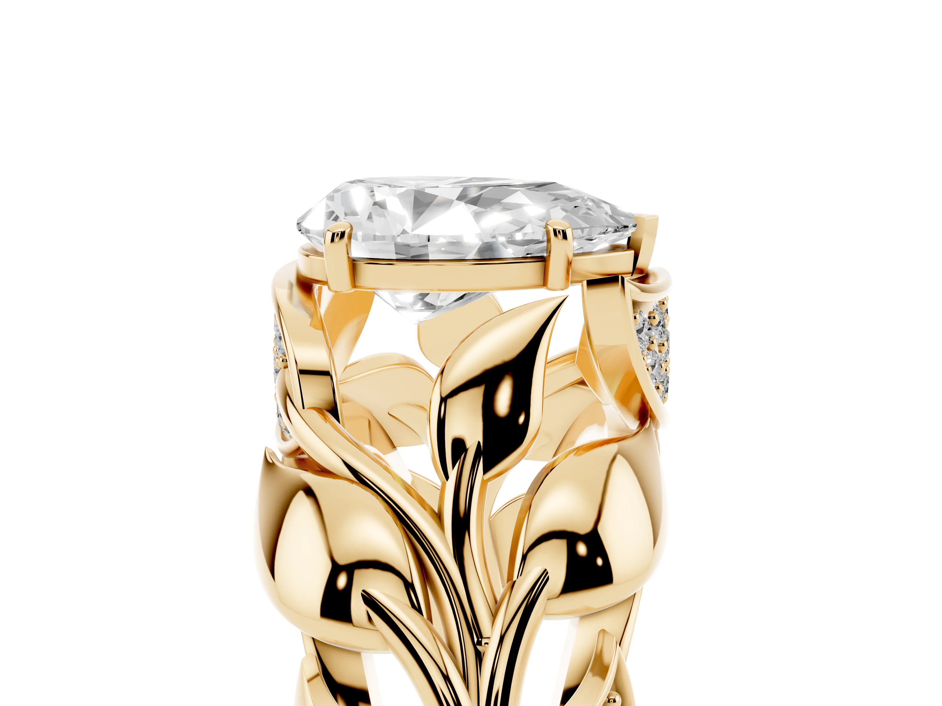 Pear Cut Diamond Leaf-Inspired Engagement Ring Set in Yellow gold with Round Accents
