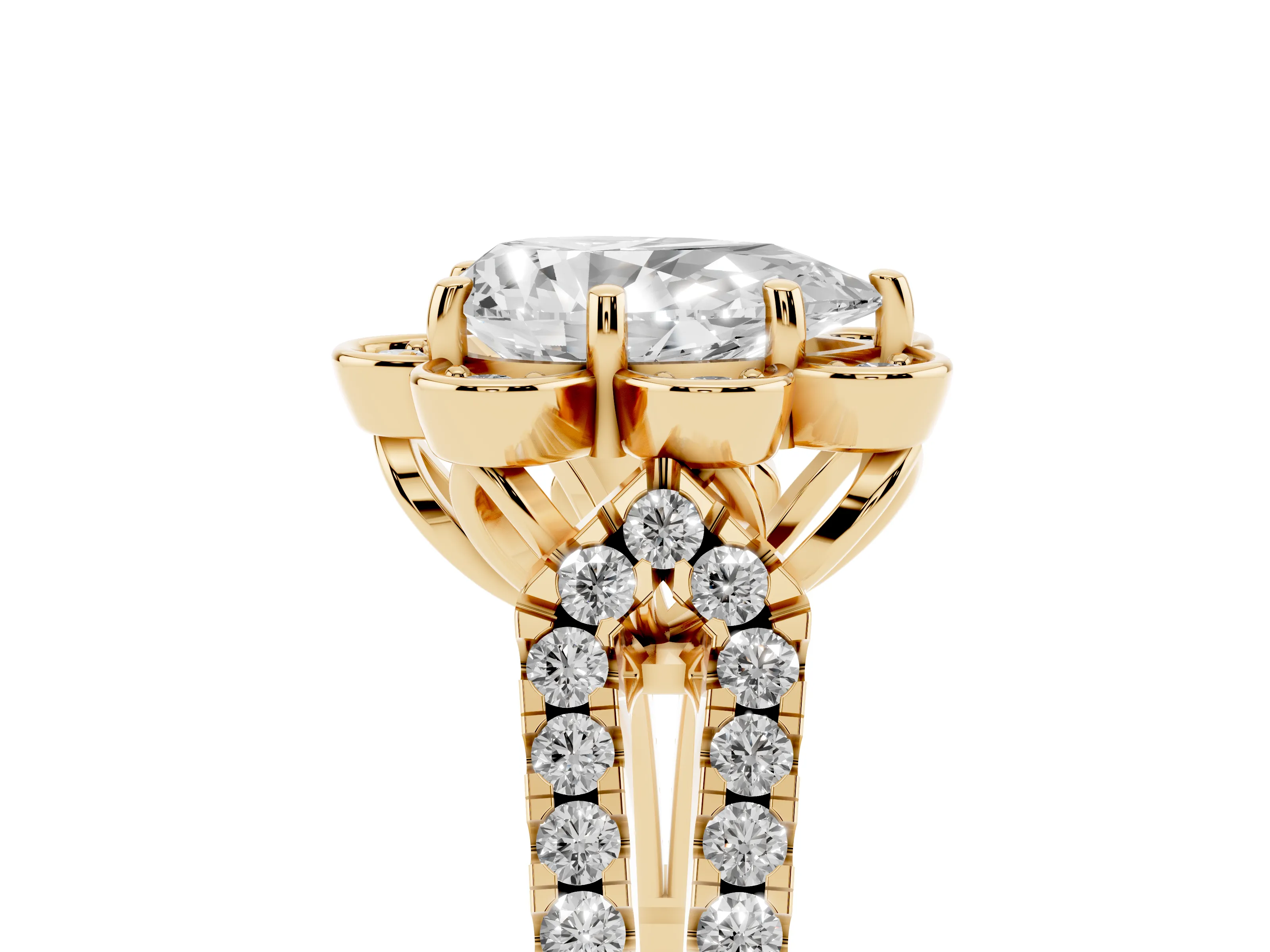 Pear Cut Diamond Floral Halo Split Shank Engagement Ring Set in Yellow gold with Pavé Shank