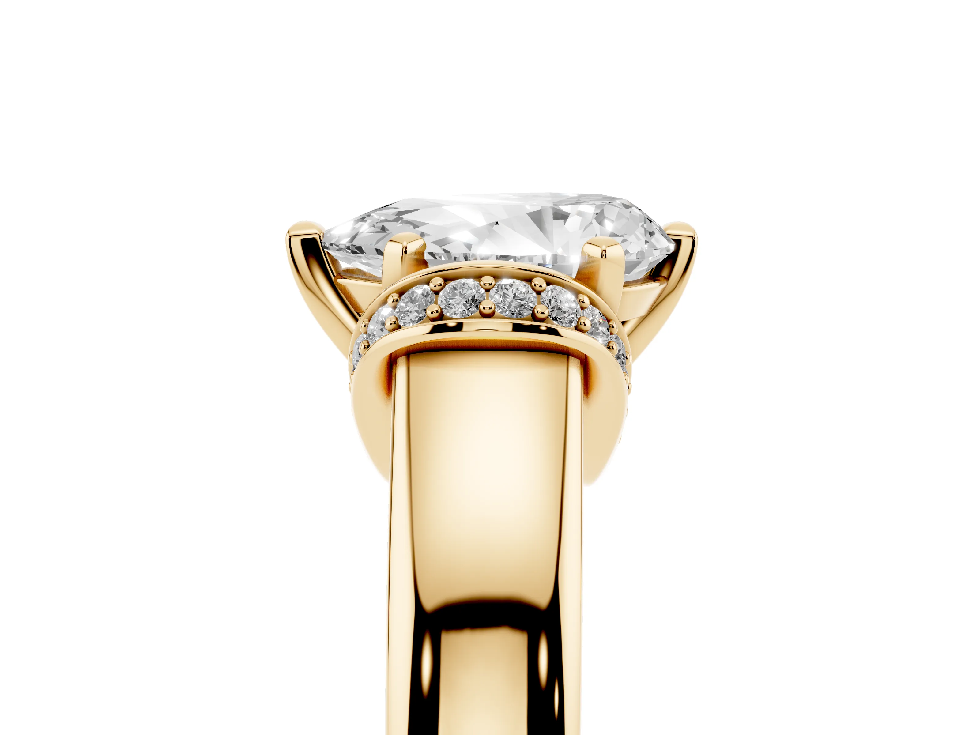 Pear Cut Diamond Pavé Band Solitaire Ring Set in Yellow gold with Prong Setting