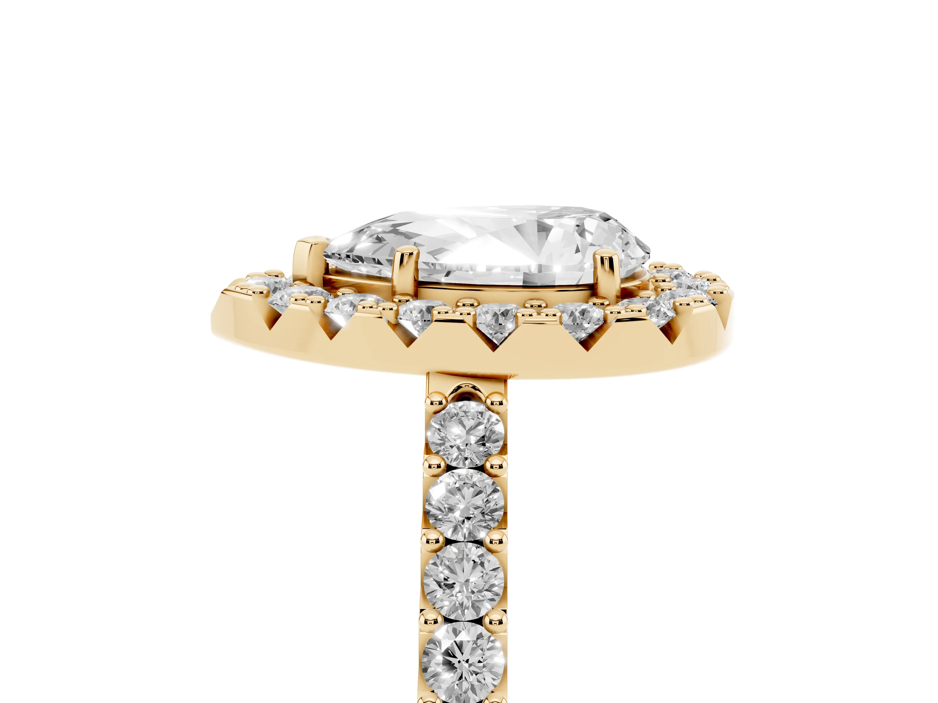 Pear Cut Diamond Halo Pavé Solitaire Ring Set in Yellow gold with Prong-Set Center Stone