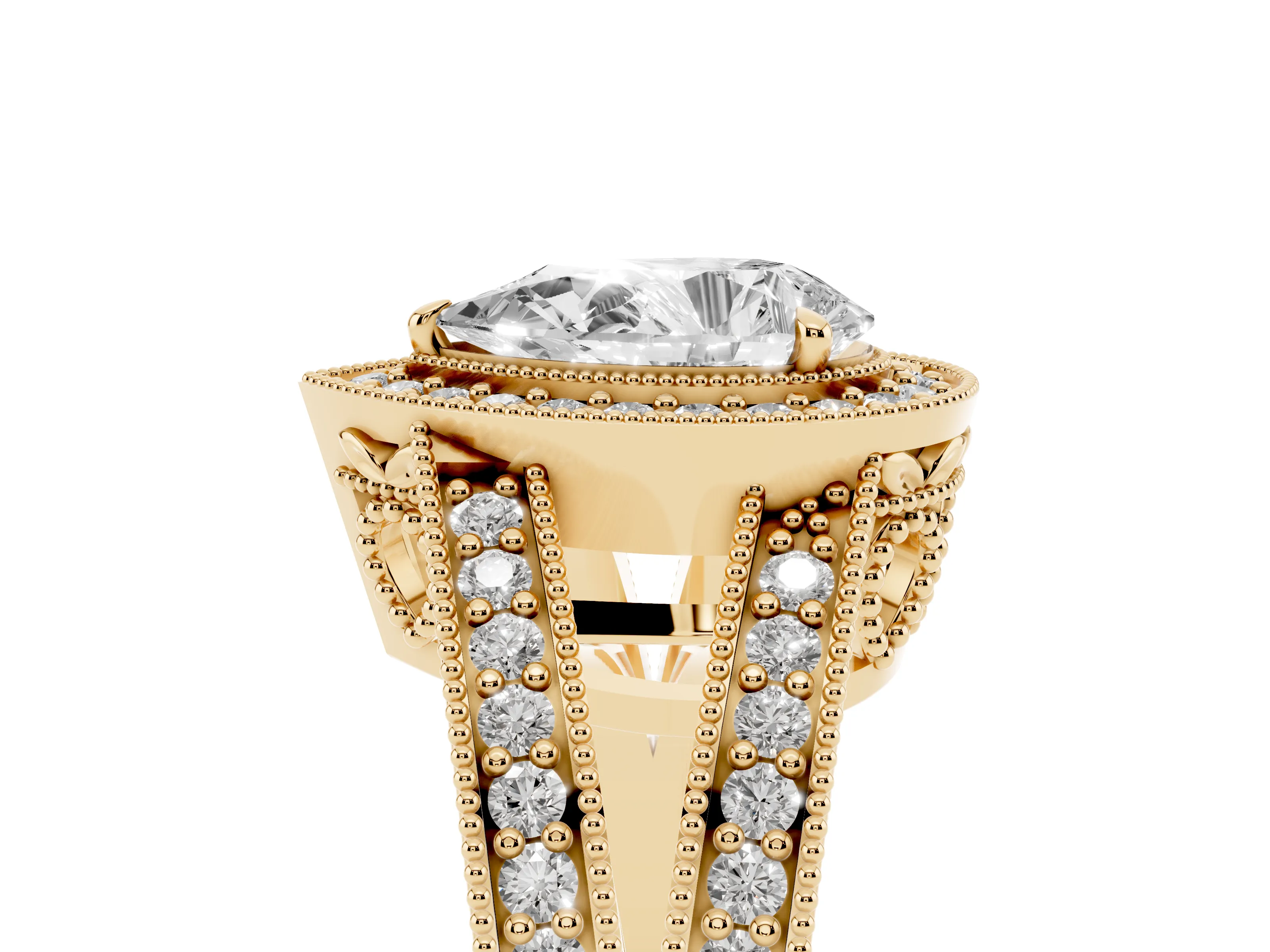 Pear Cut Diamond Halo Ring Set in Yellow gold with Stone-Set Split Shank and Milgrain Edges