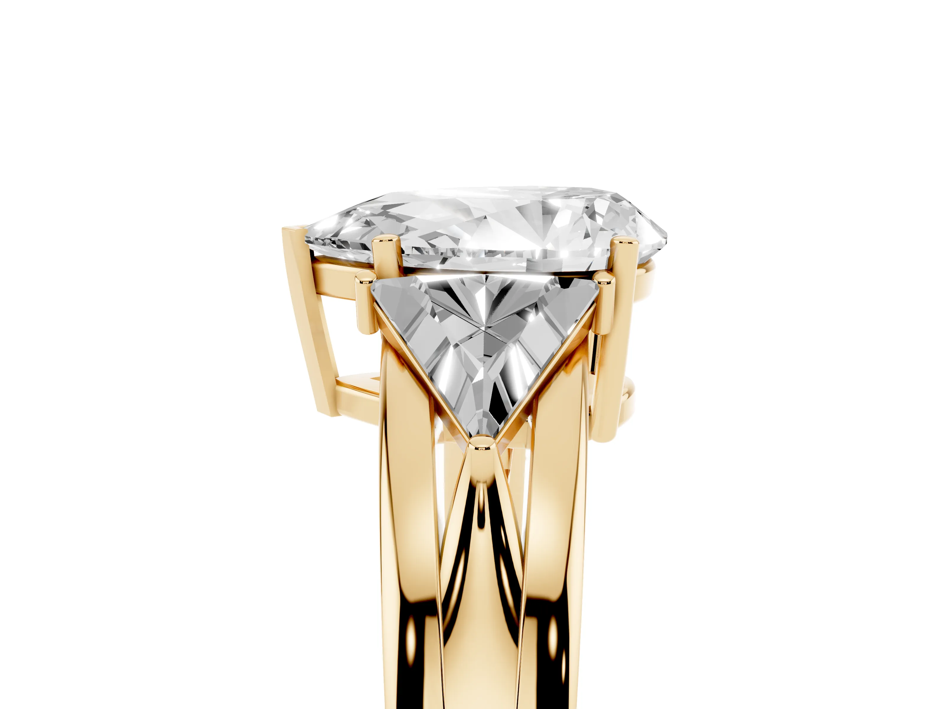 Pear Cut Diamond Three-Stone Ring Set in Yellow gold with Trillion Side Stones and Split Shank
