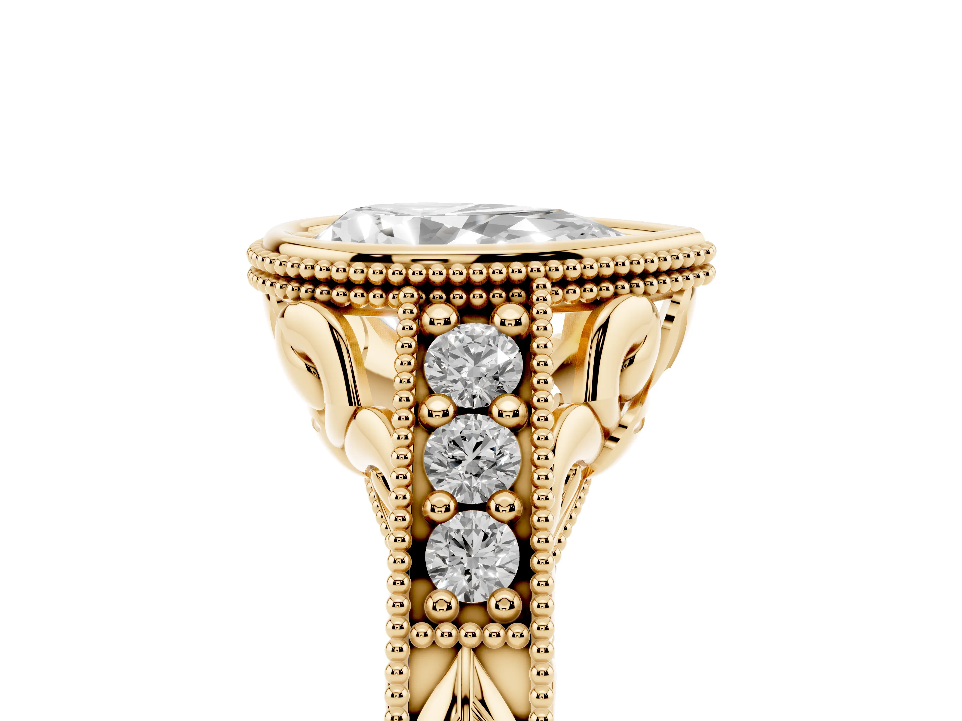 Bezel Set Pear Cut Diamond Milgrain Pavé Engagement Ring Set in Yellow gold