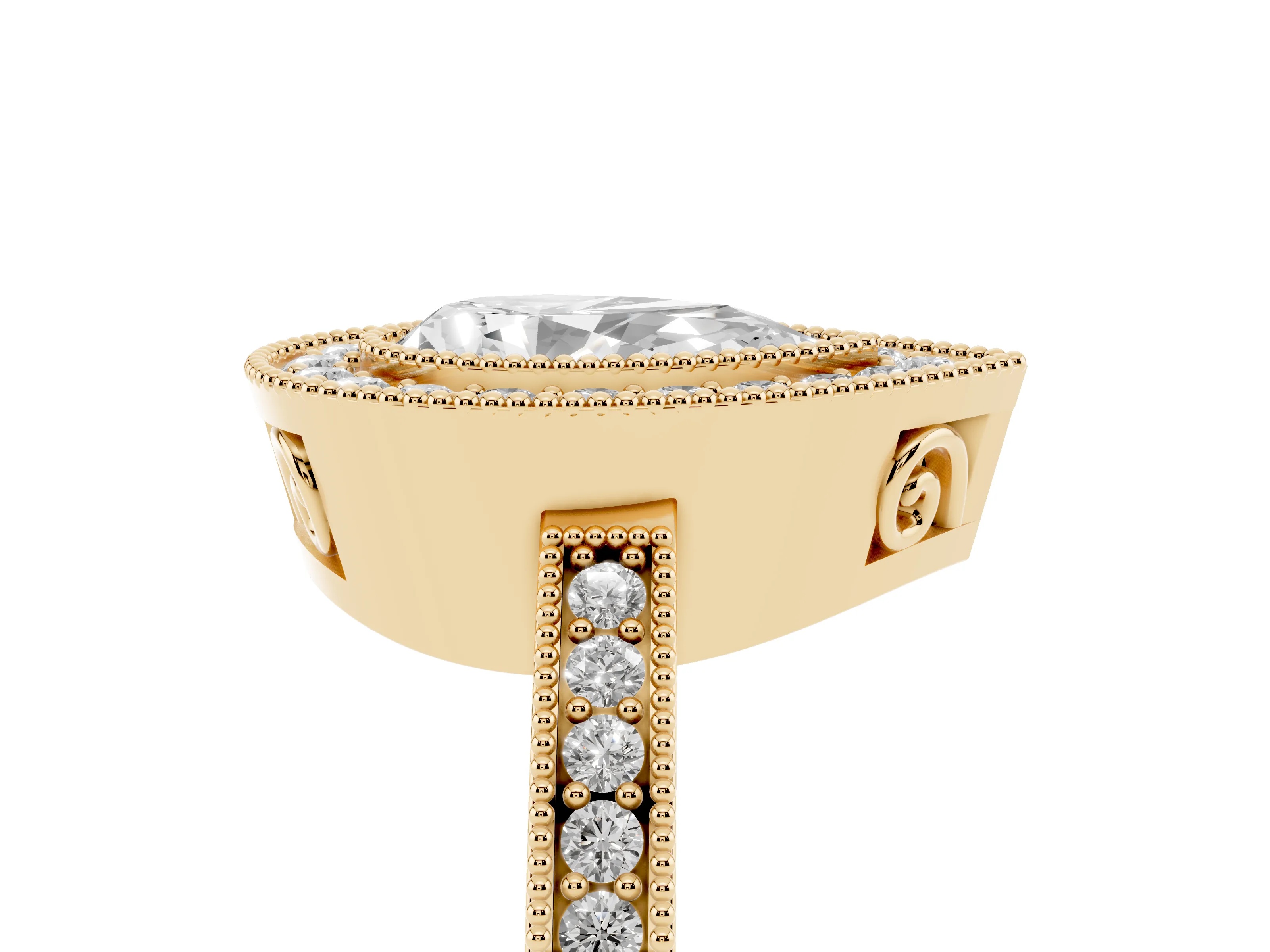 Pear Cut Diamond Round Halo Ring Set in Yellow gold with Pavé Band
