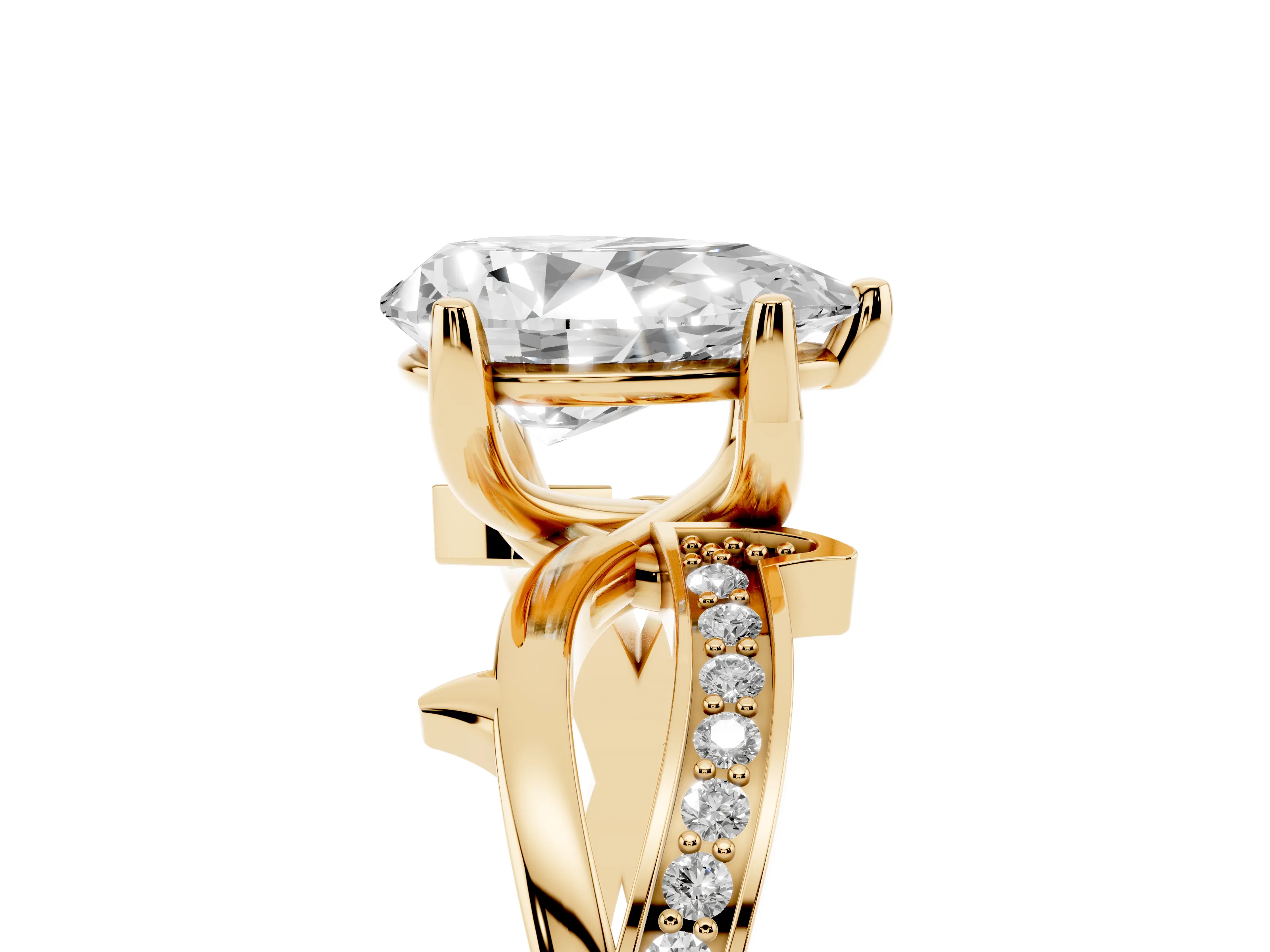 Pear Cut Diamond Pavé Twist Band Solitaire Ring Set in Yellow gold with Prong Setting
