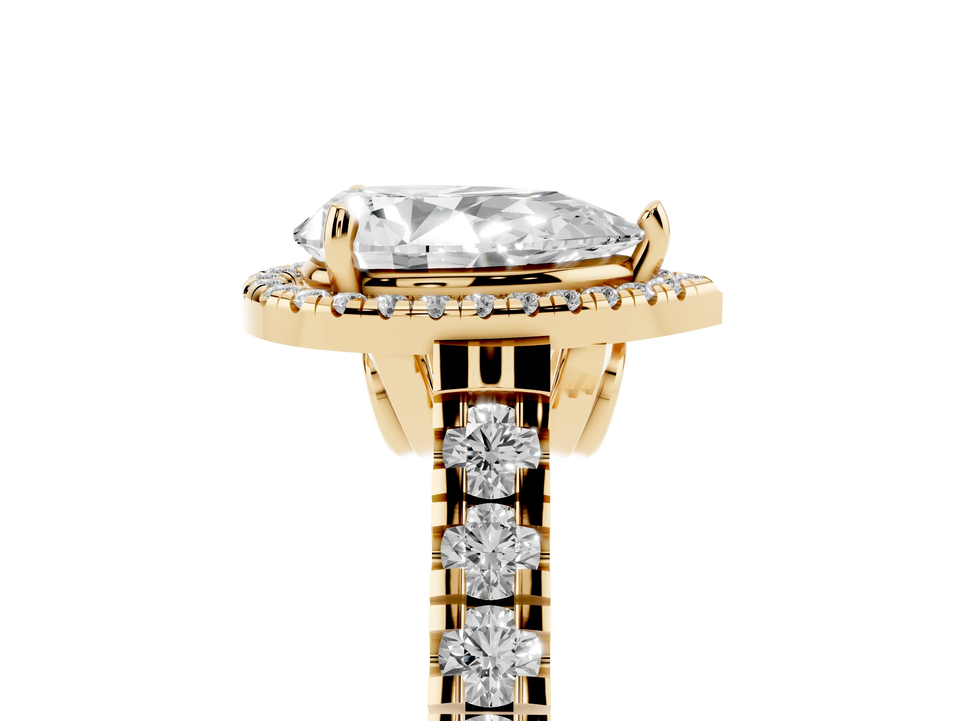 Pear Cut Diamond Halo Engagement Ring Set in Yellow gold with Pavé Band and Prong-Set Center