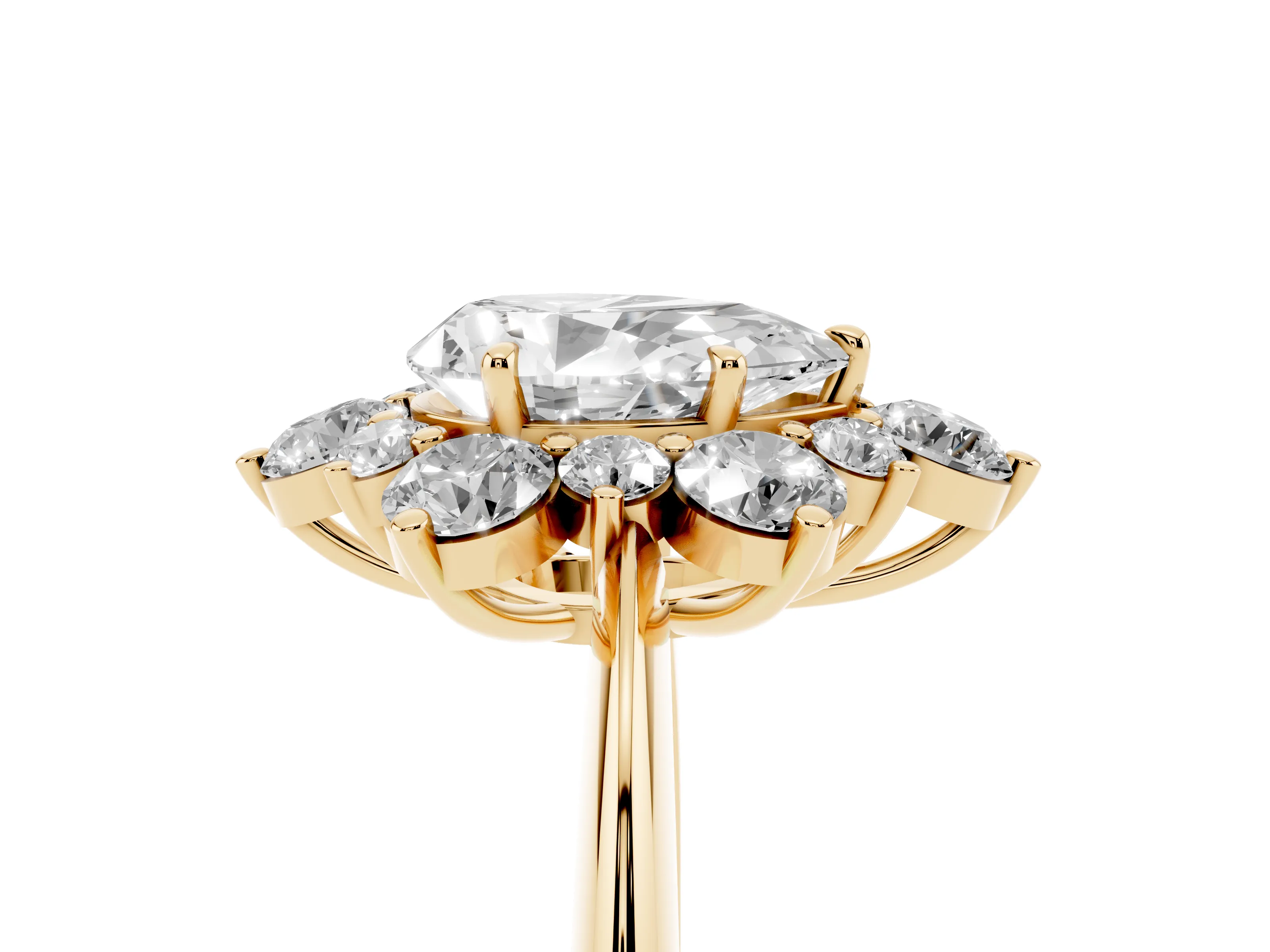 Pear Cut Diamond Cluster Halo Ring Set in Yellow gold with Solitaire Band and Prong Setting