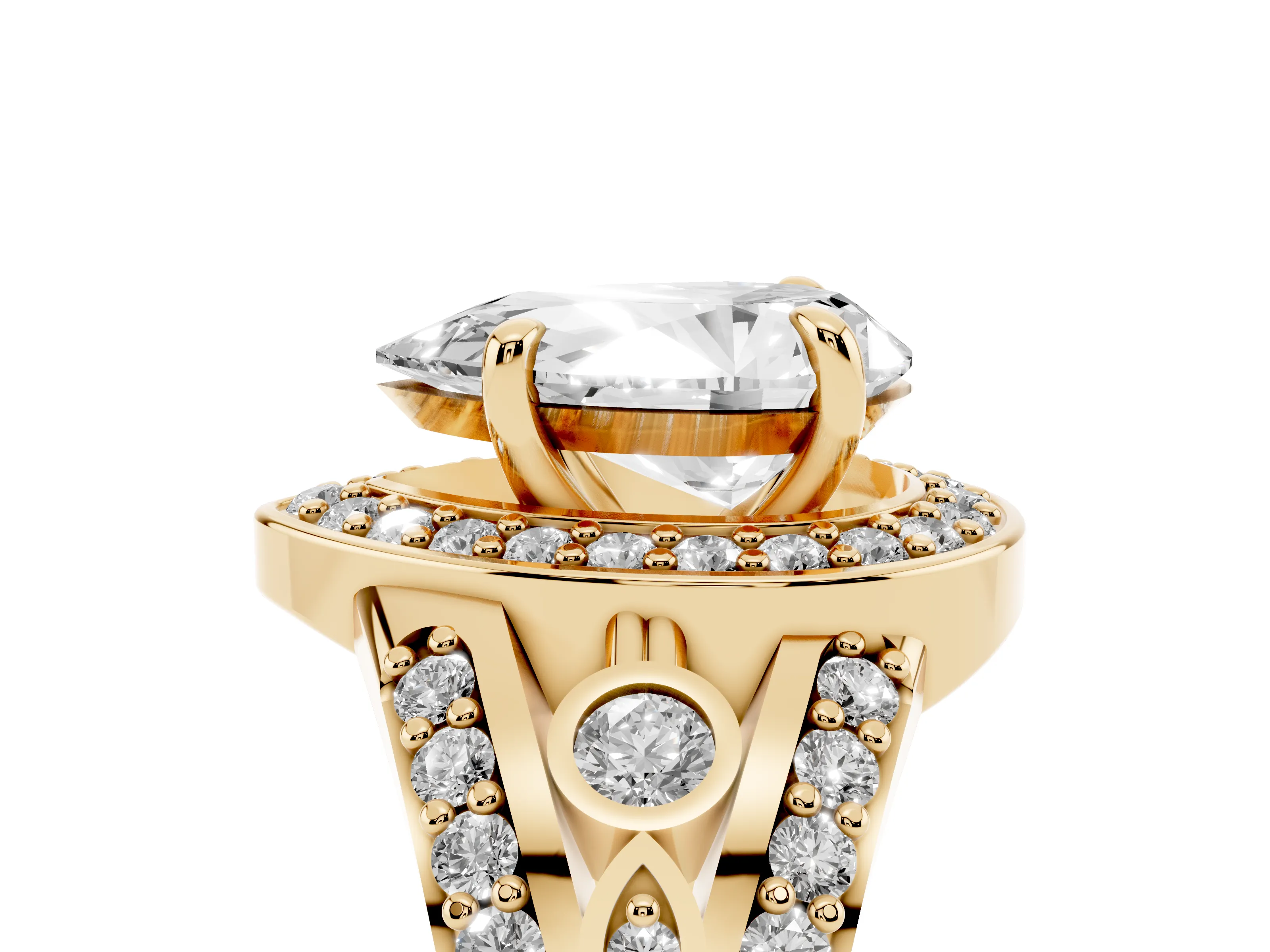 Pear Cut Diamond Halo Ring Set in Yellow gold with Pavé Split Shank and Bezel Accents