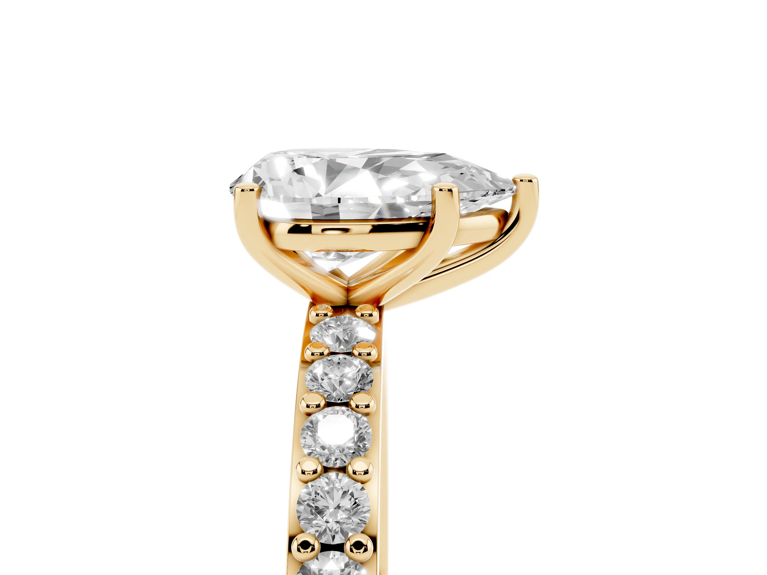 Pear Cut Diamond Solitaire Set in Yellow gold with Round Pavé Band and Prong Setting