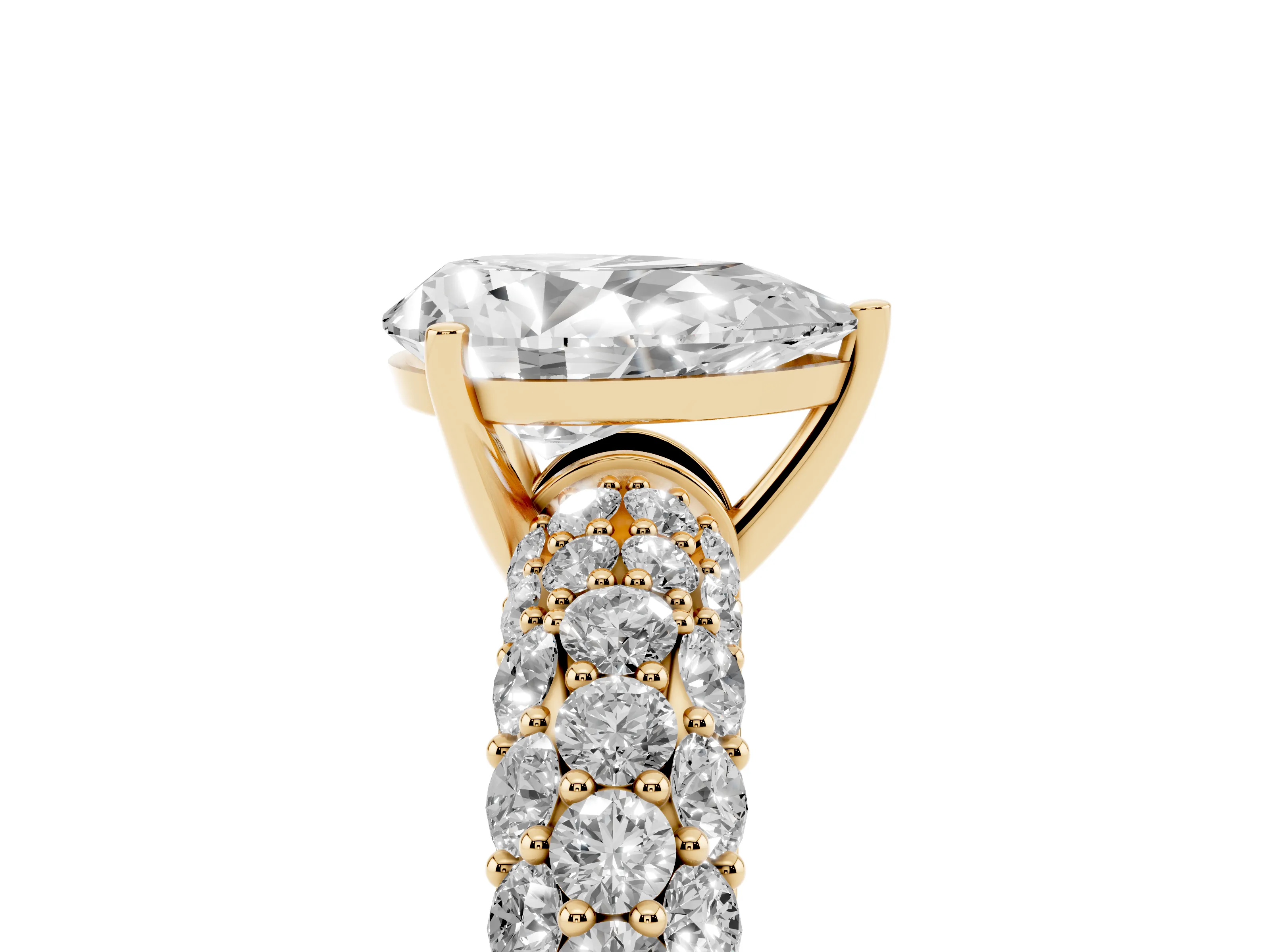Pear Cut Diamond Pavé Band Solitaire Ring Set in Yellow gold with Close-Set Accent Stones and Prong Setting