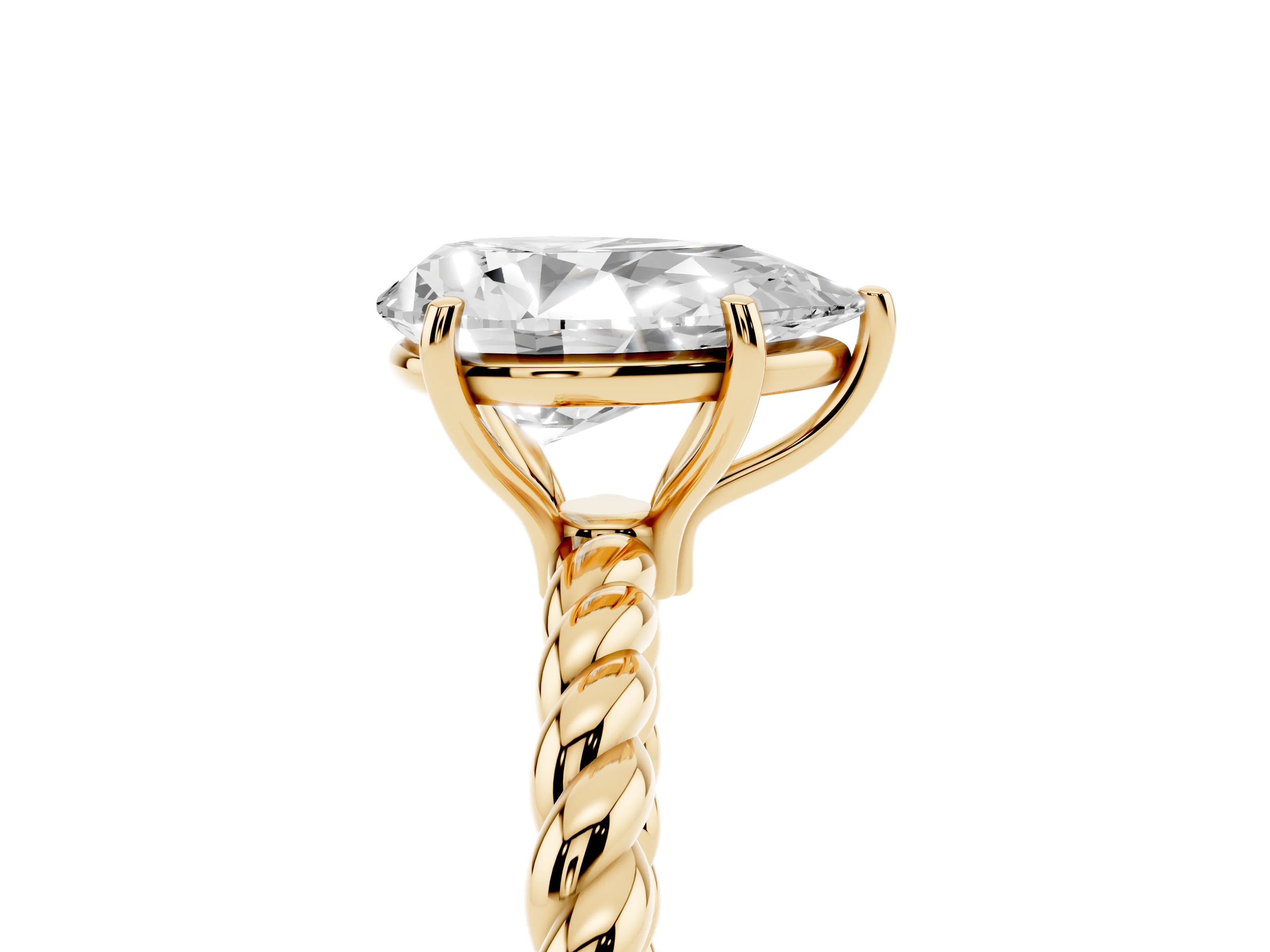 Pear Cut Diamond Solitaire Ring Set in Yellow gold with Twist Band and Prong Setting