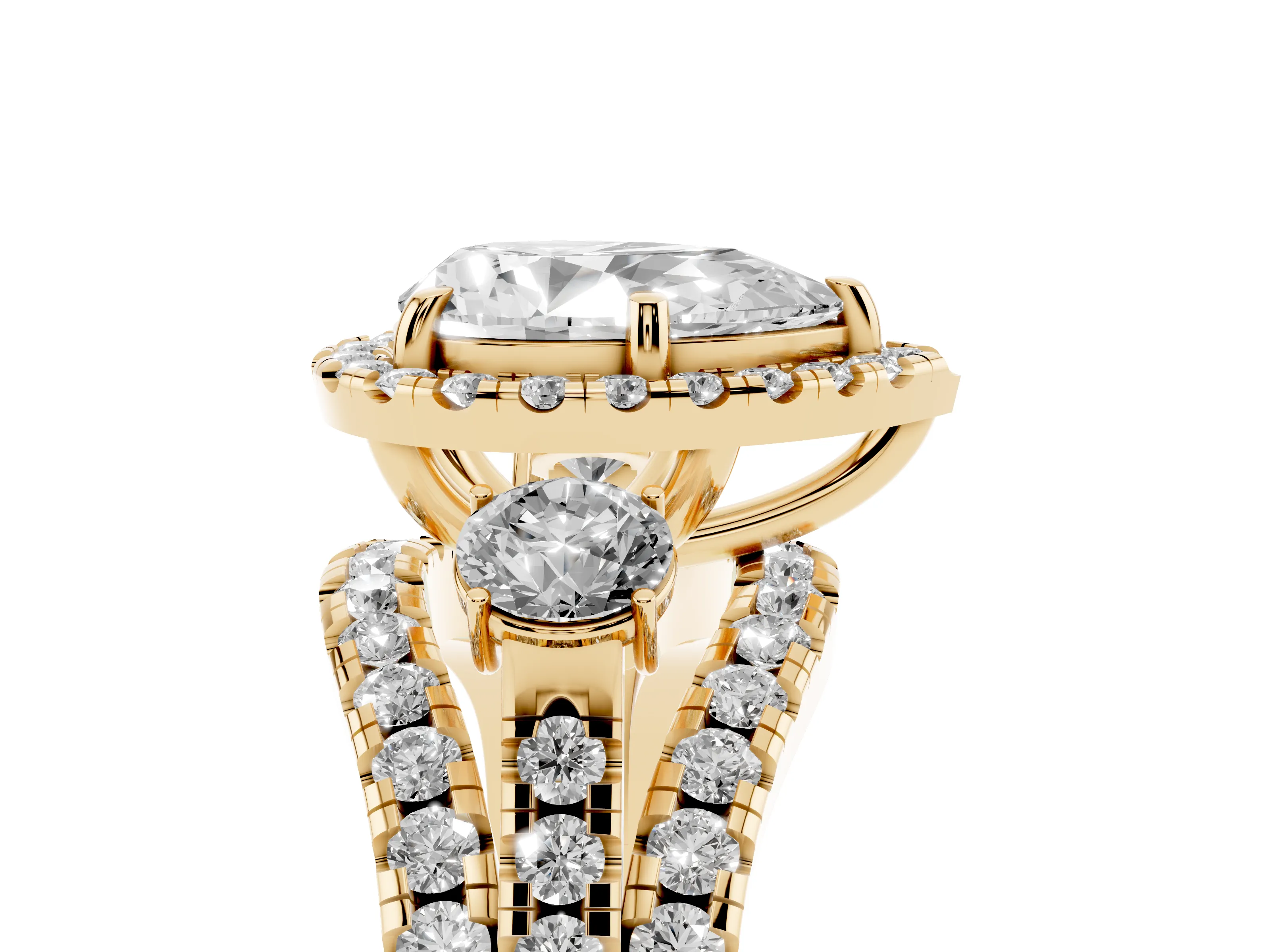 Pear Cut Diamond Halo Split Shank Ring Set in Yellow gold with Round Accent Stones and Prong Setting
