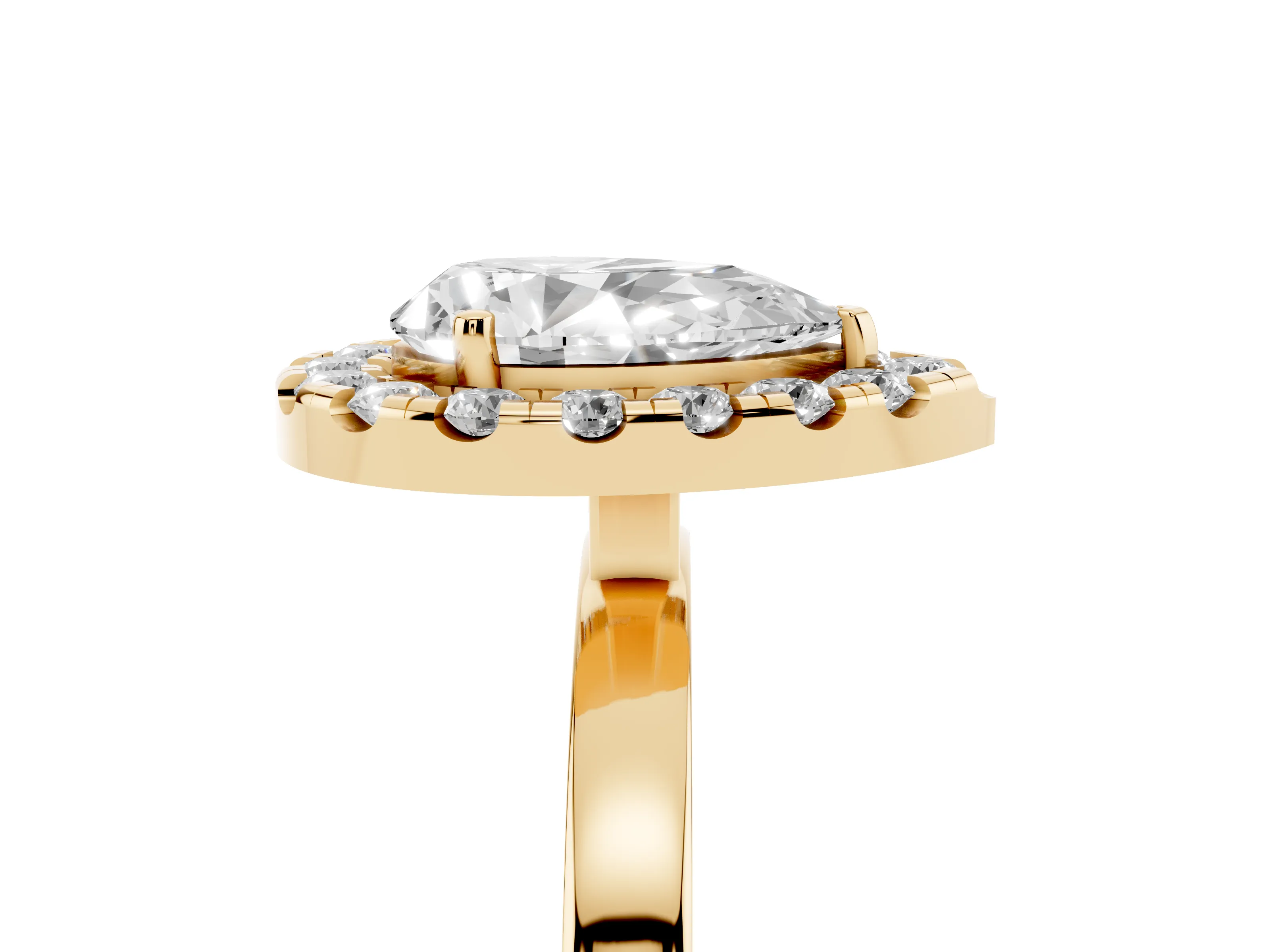 Pear Cut Diamond Halo Solitaire Ring Set in Yellow gold with Pavé Band and Prong Setting