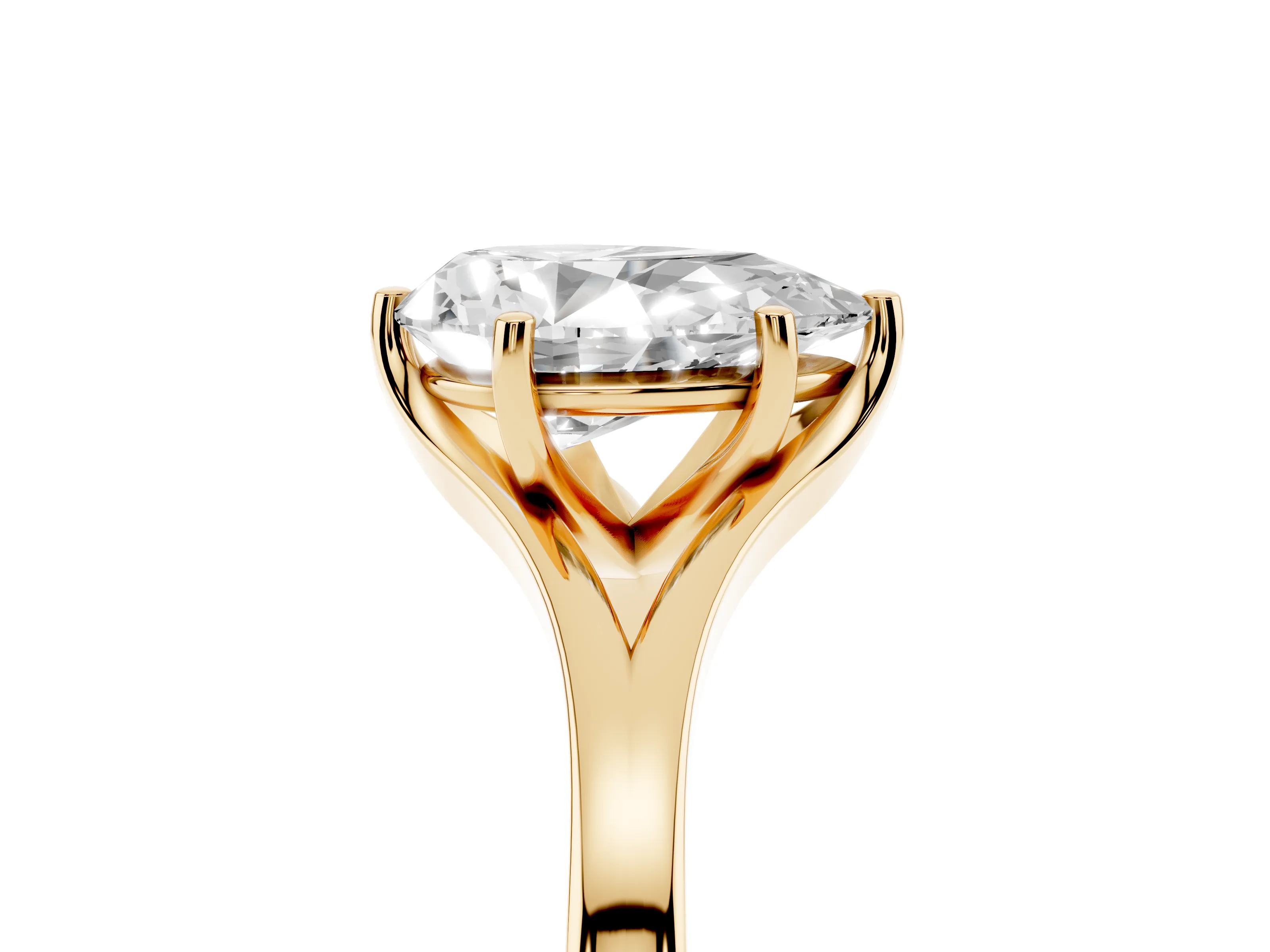 Pear Cut Diamond Solitaire Ring Set in Yellow gold with Polished Tapered Band and Prong Setting