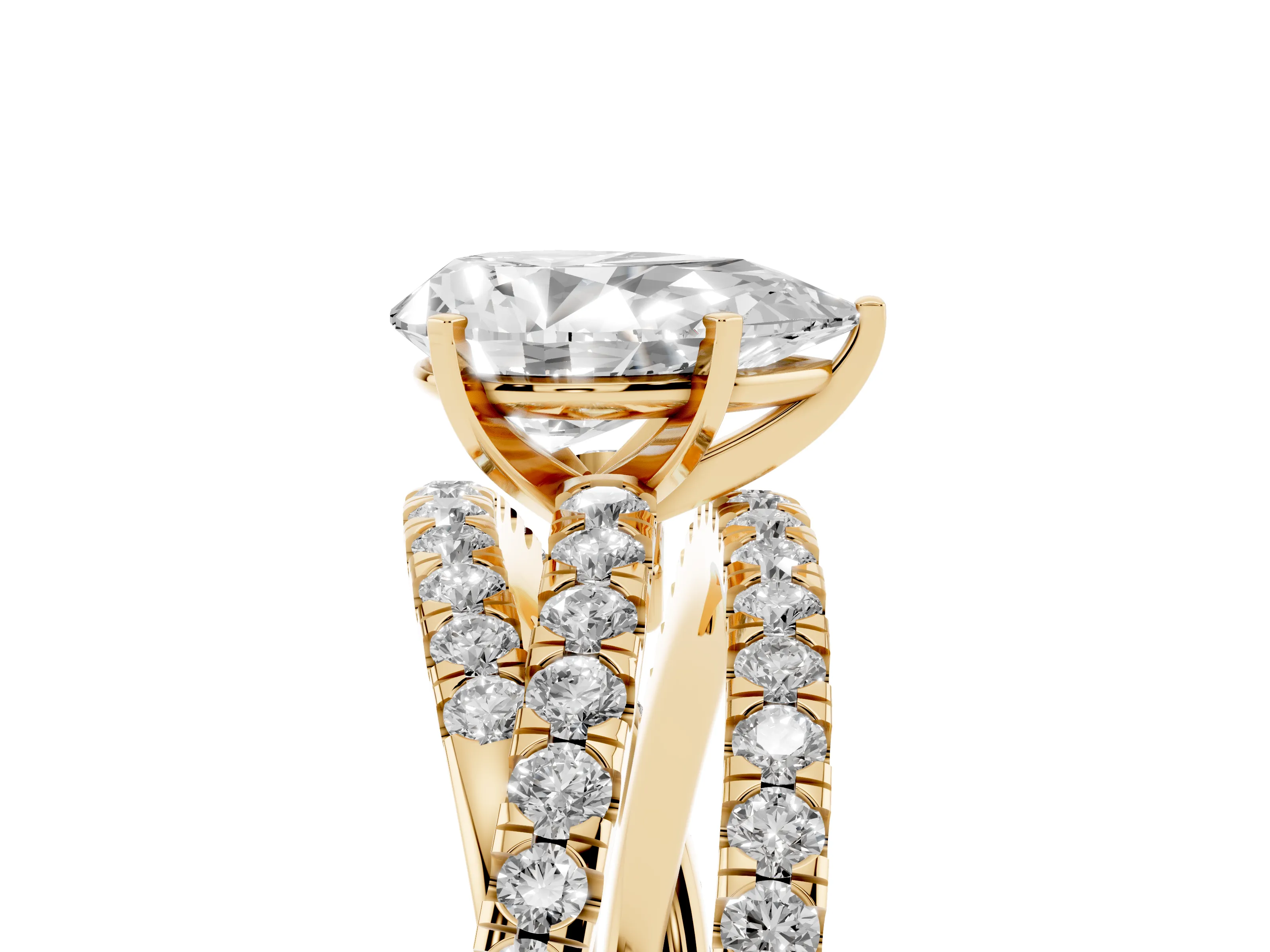 Pear Cut Diamond Solitaire Twist Band Ring Set in Yellow gold with Pavé Setting and Prong Head