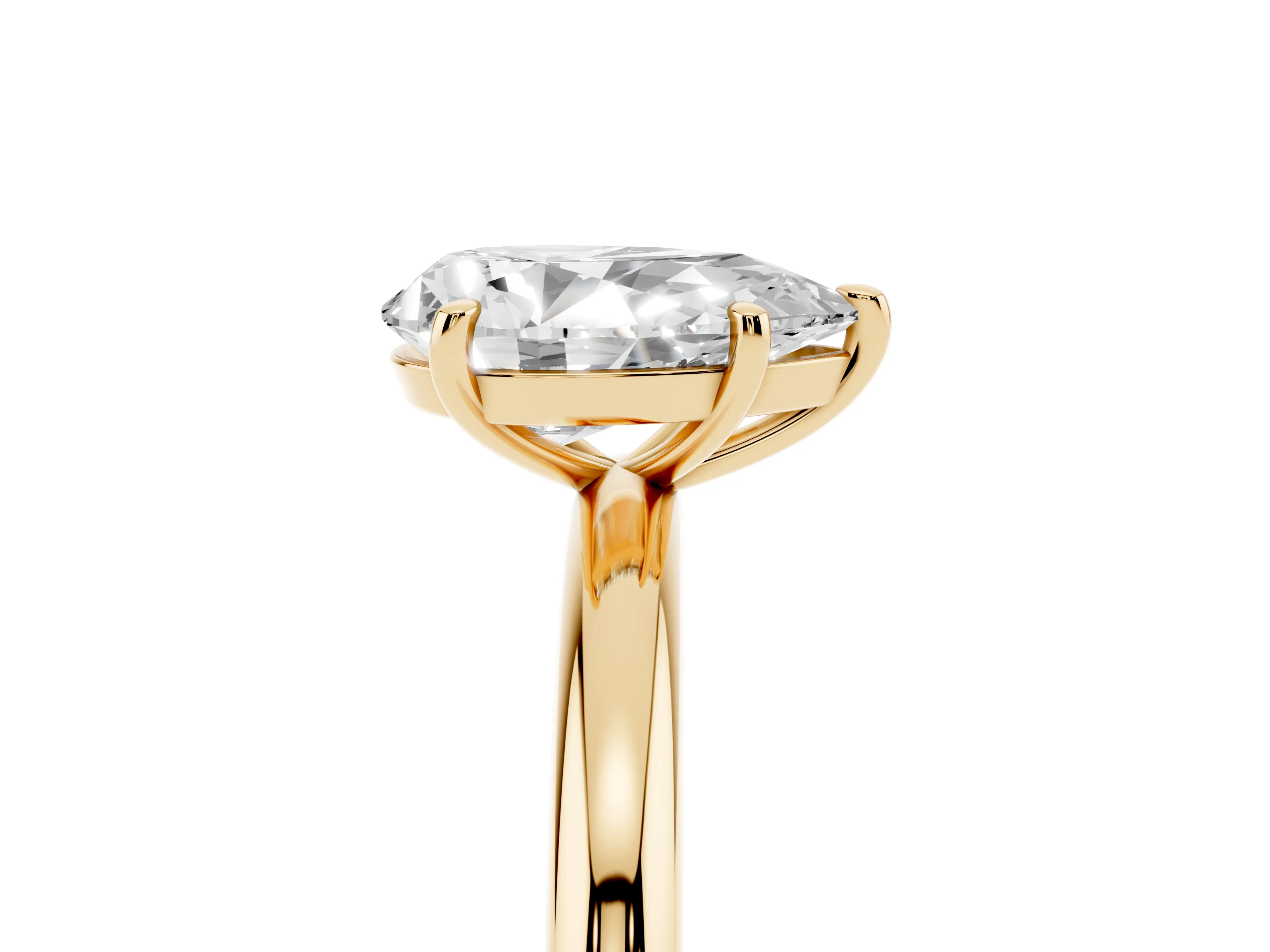 Pear Cut Diamond Solitaire Ring Set in Yellow gold with Prong Setting on a Polished Plain Band