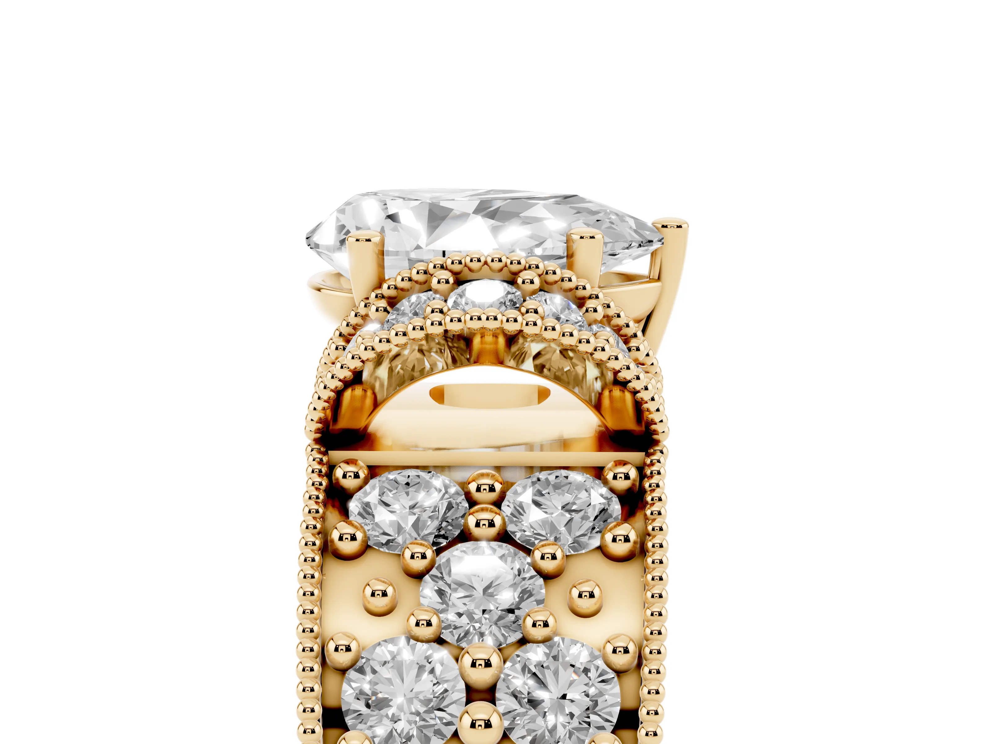 Pear Cut Diamond Milgrain Halo Pavé Engagement Ring Set in Yellow gold with Prong Setting