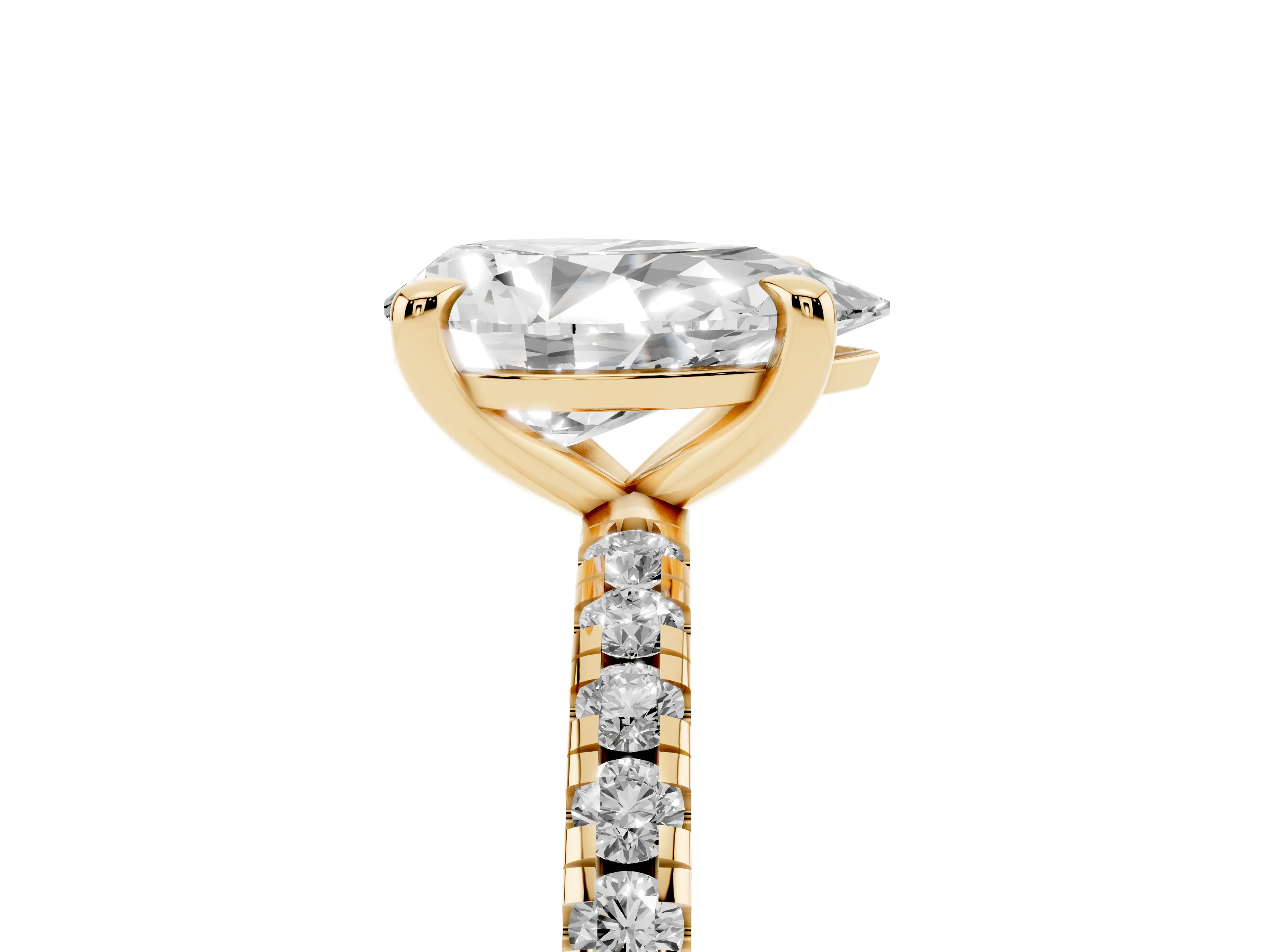 Pear Cut Diamond Brilliant Solitaire Ring Set in Yellow gold with Pavé Band and Prong Setting