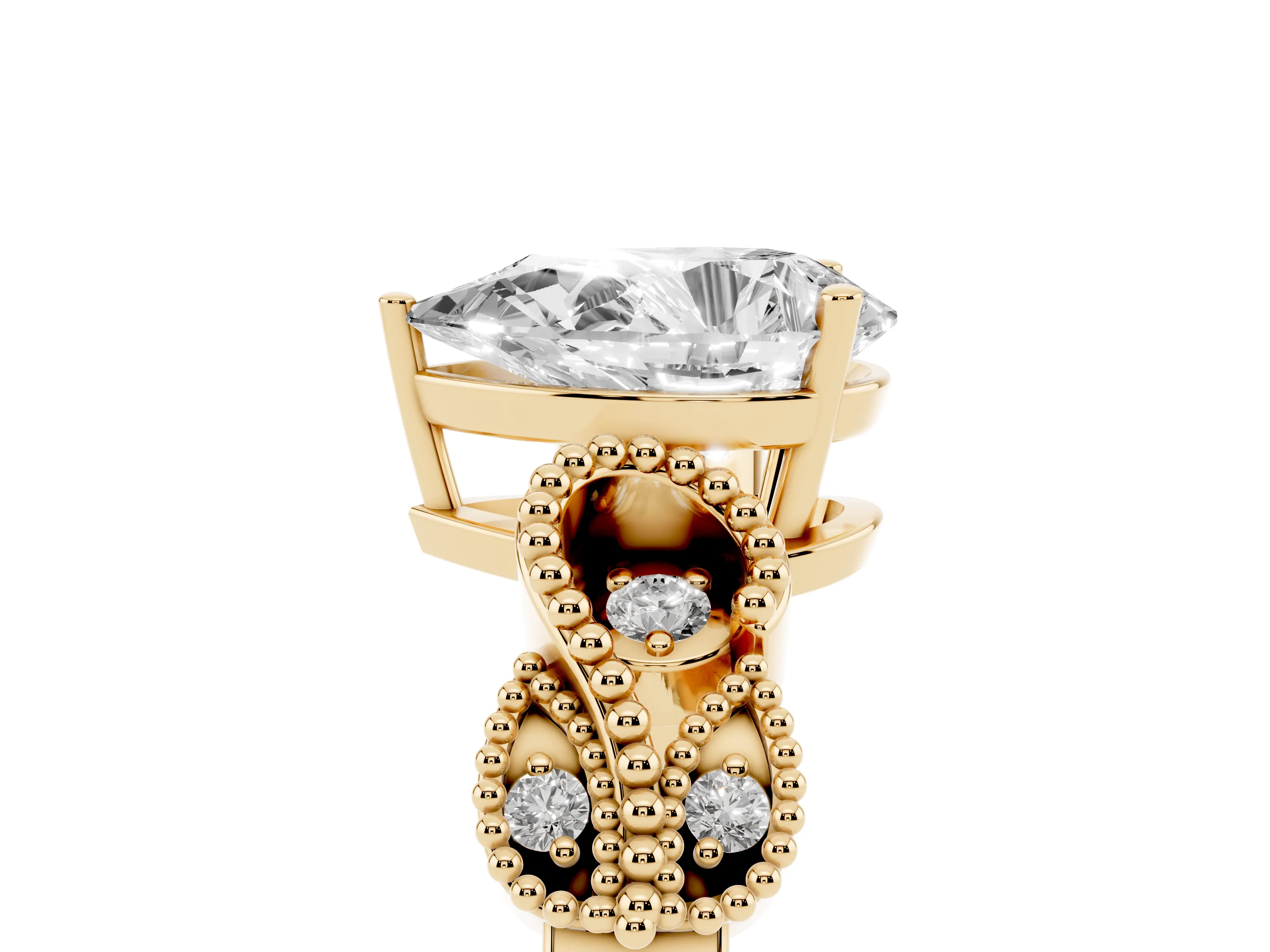 Pear Cut Diamond Milgrain Leaf Band Solitaire Ring Set in Yellow gold with Accent Stones and Prong Setting