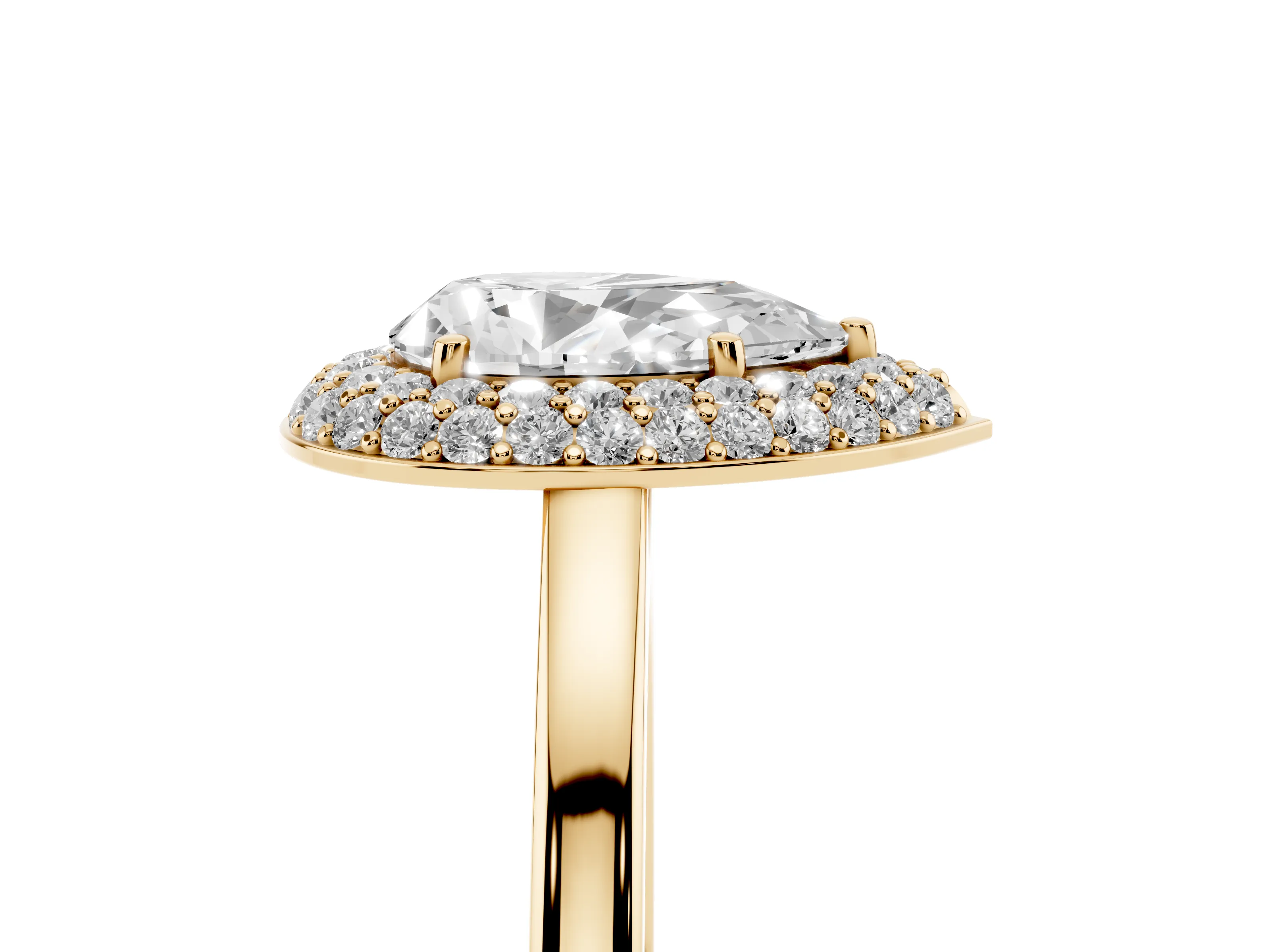 Pear Cut Diamond Halo Engagement Ring Set in Yellow gold with Solitaire Band and Prong Setting
