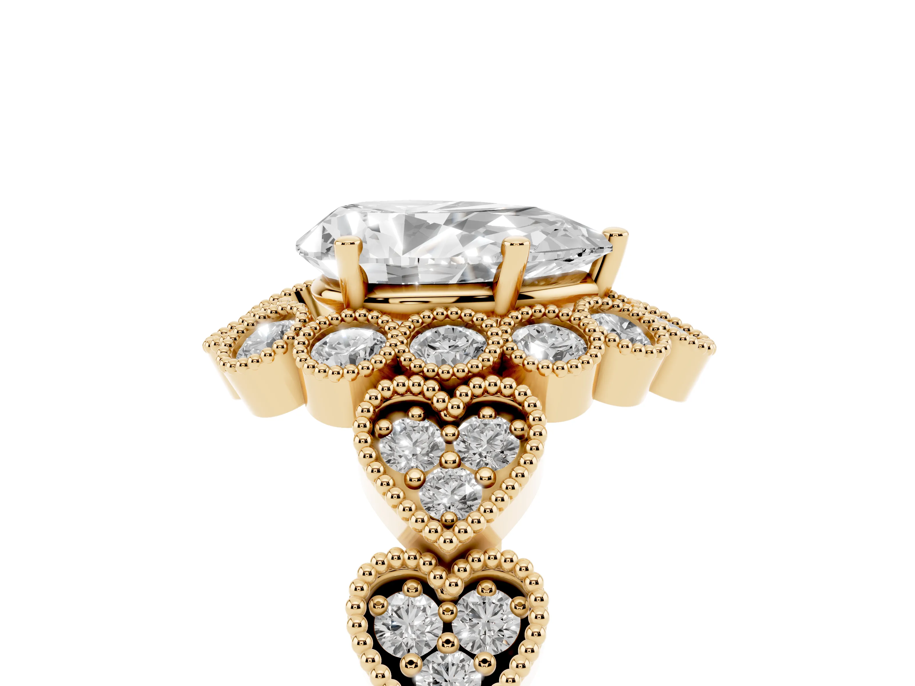 Pear Cut Diamond Solitaire Ring Set in Yellow gold with Milgrain Pavé Heart Band