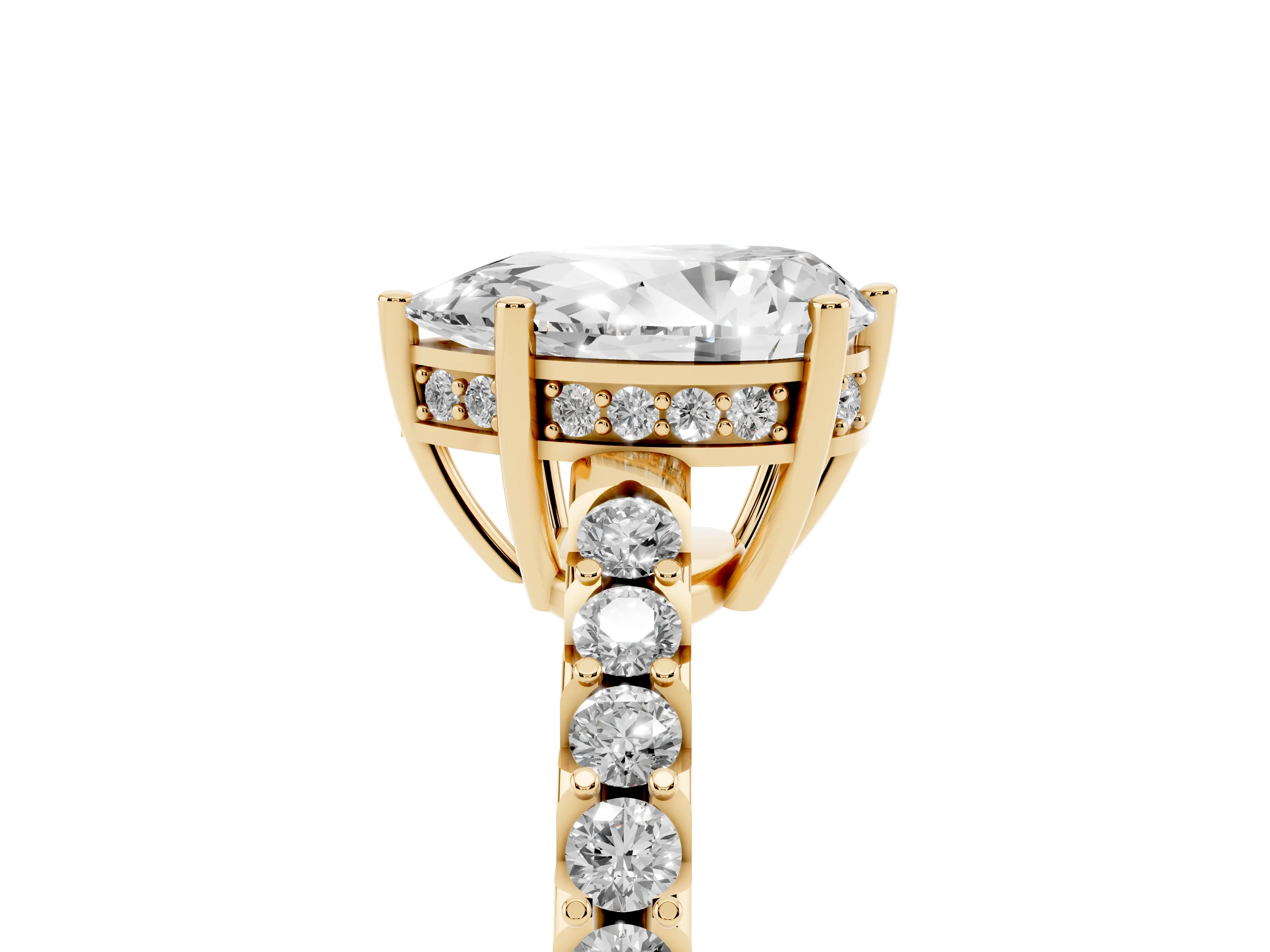 Pear Cut Diamond Solitaire Engagement Ring Set in Yellow gold with Pavé Band and Prong Setting