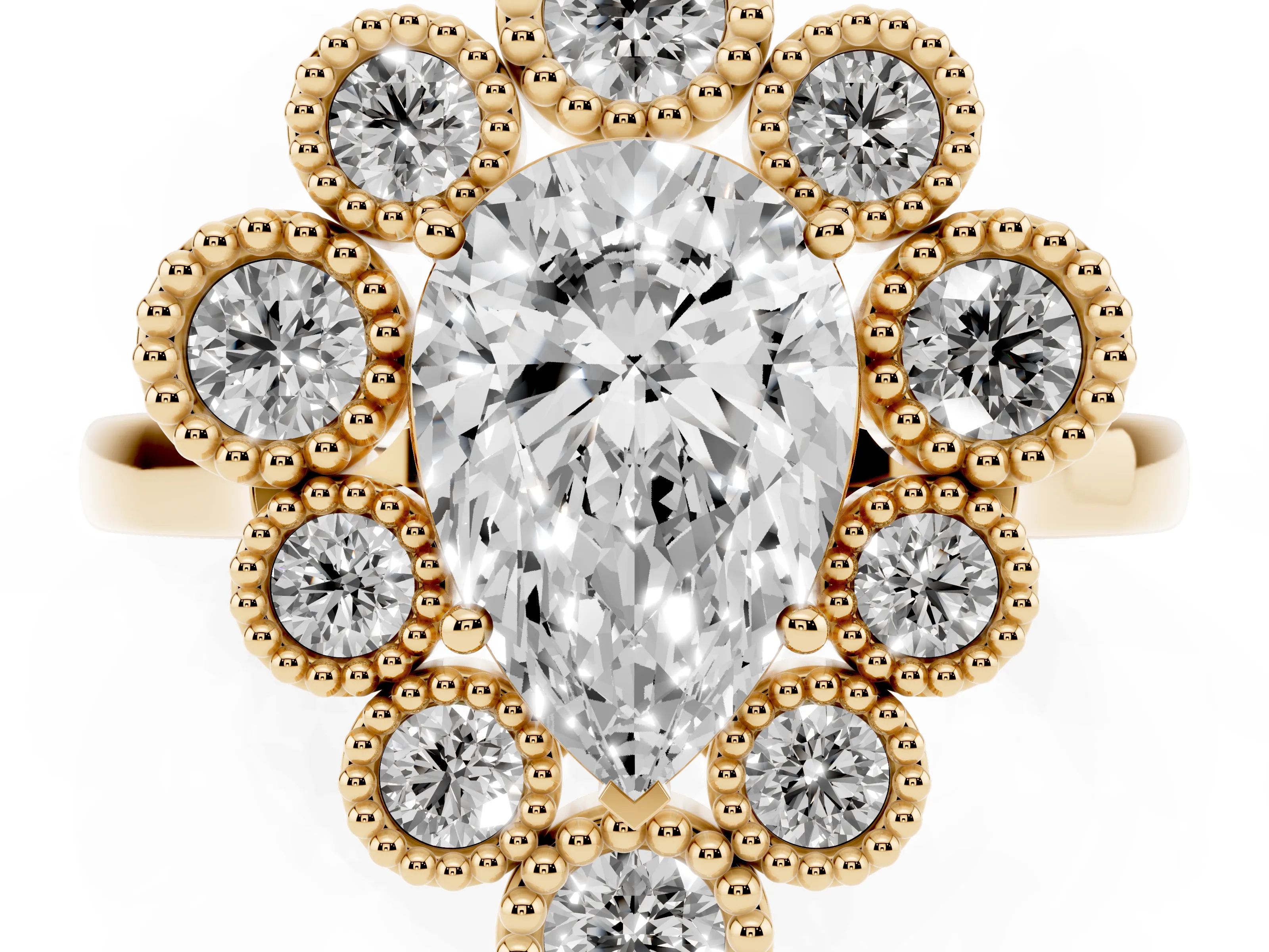 Pear Cut Diamond Cluster Halo Ring Set in Yellow gold with Milgrain Bezel Accents and Plain Band