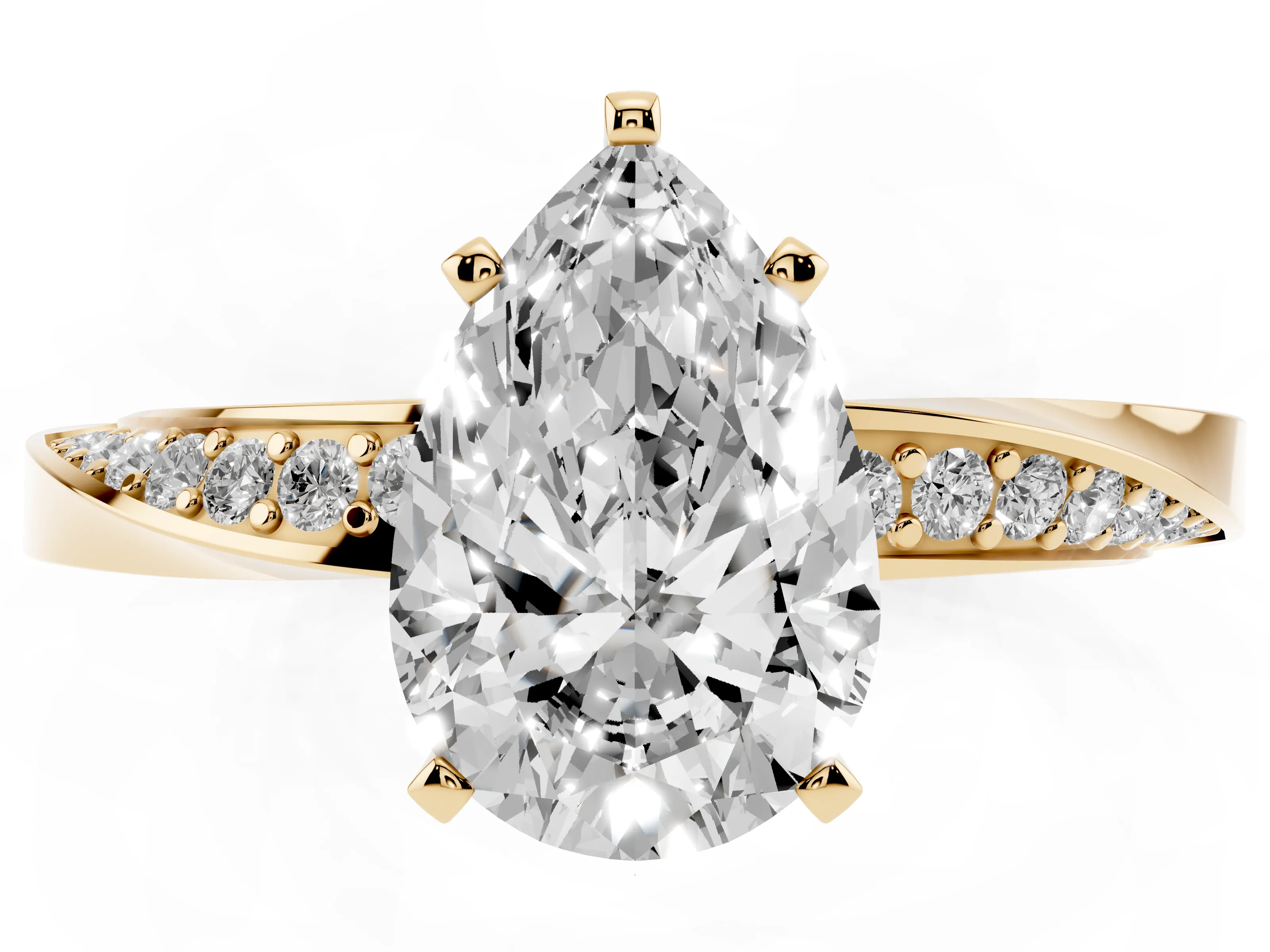 Pear Cut Diamond Engagement Ring Set in Yellow gold with Side Stone Accents and Prong Setting