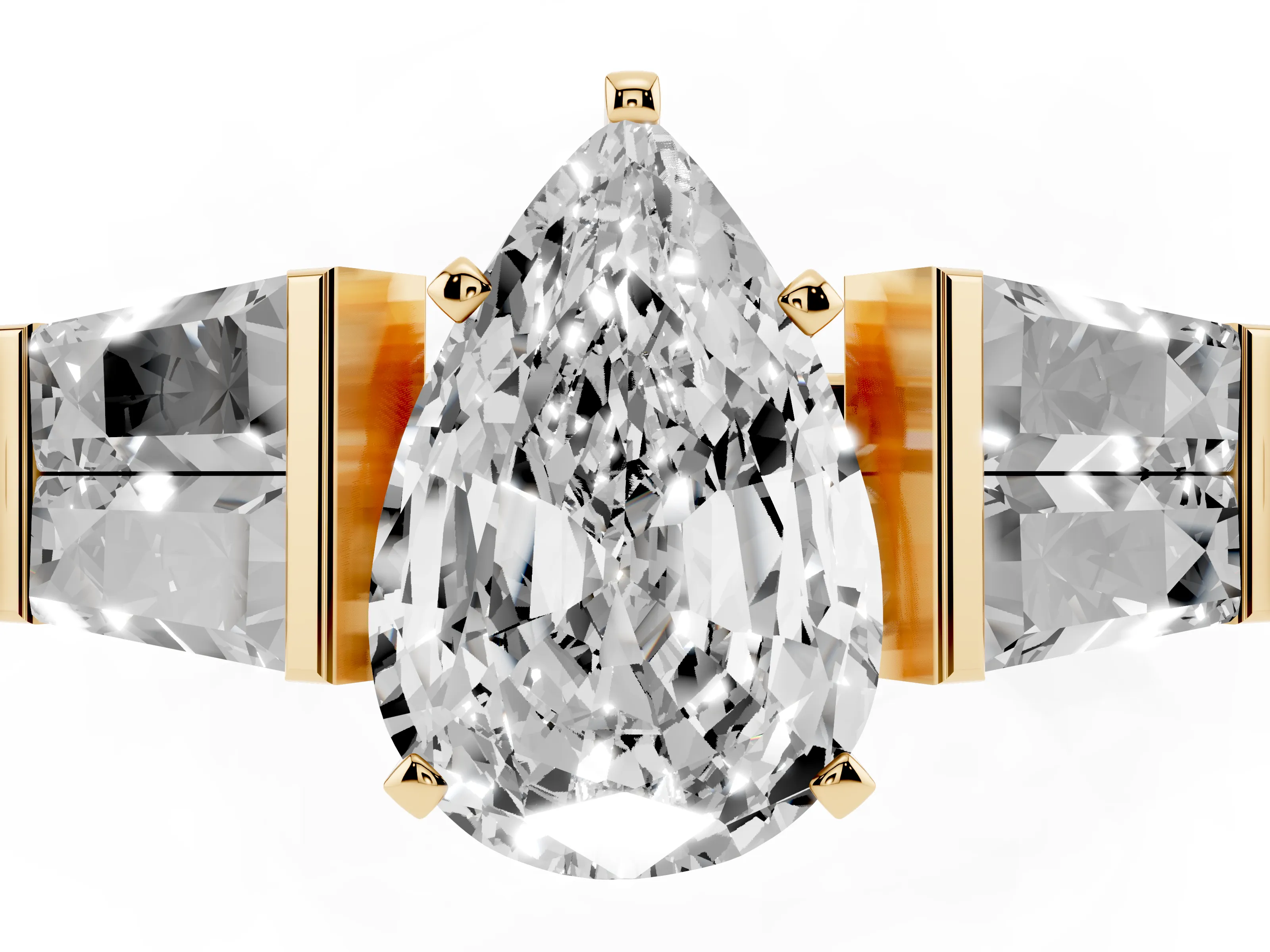 Pear Cut Diamond Engagement Ring Set in Yellow gold with Baguette Side Stones and Channel Set Band