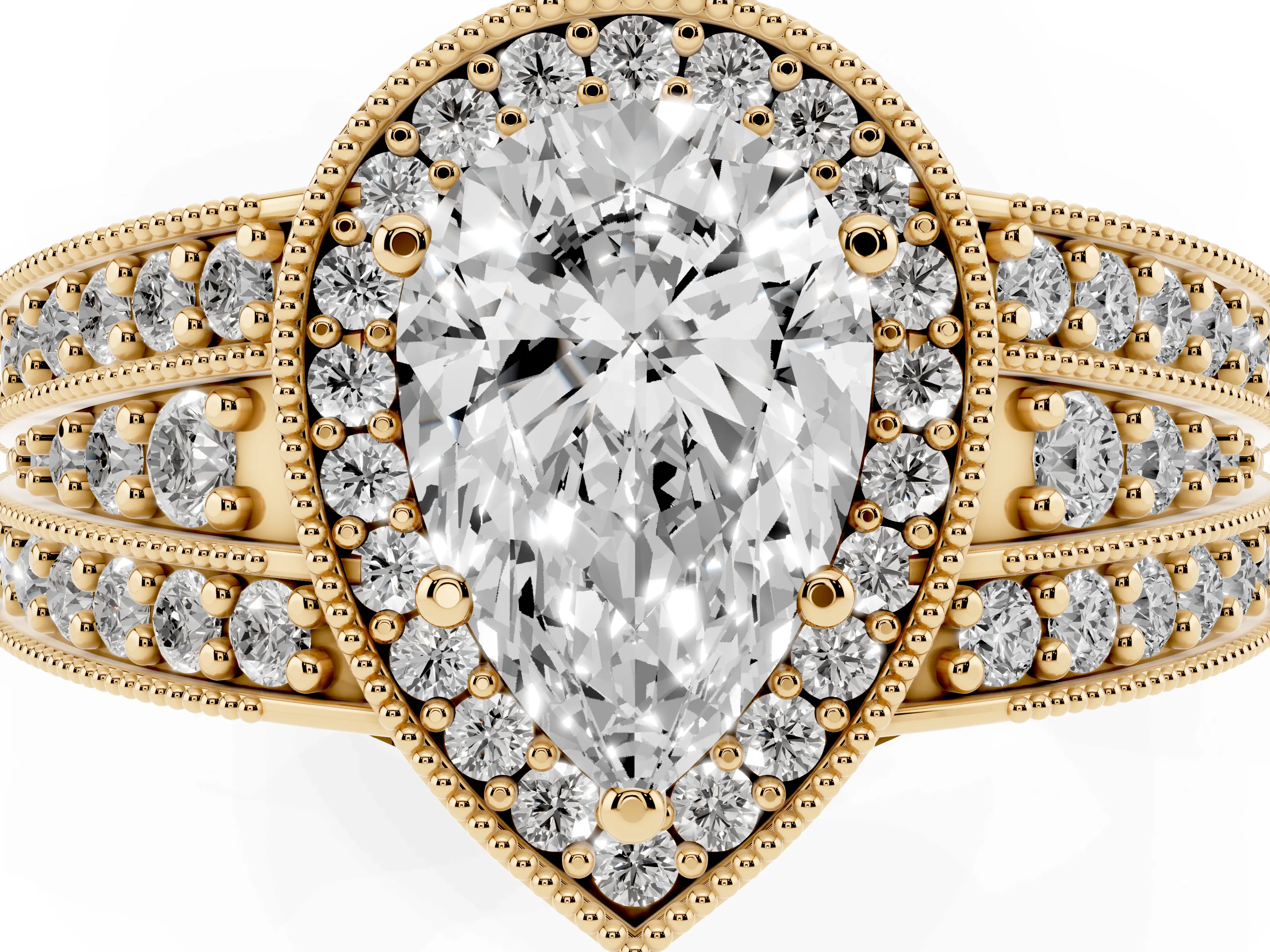 Pear Cut Diamond Halo Ring Set in Yellow gold with Accent Split Shank and Prong Setting