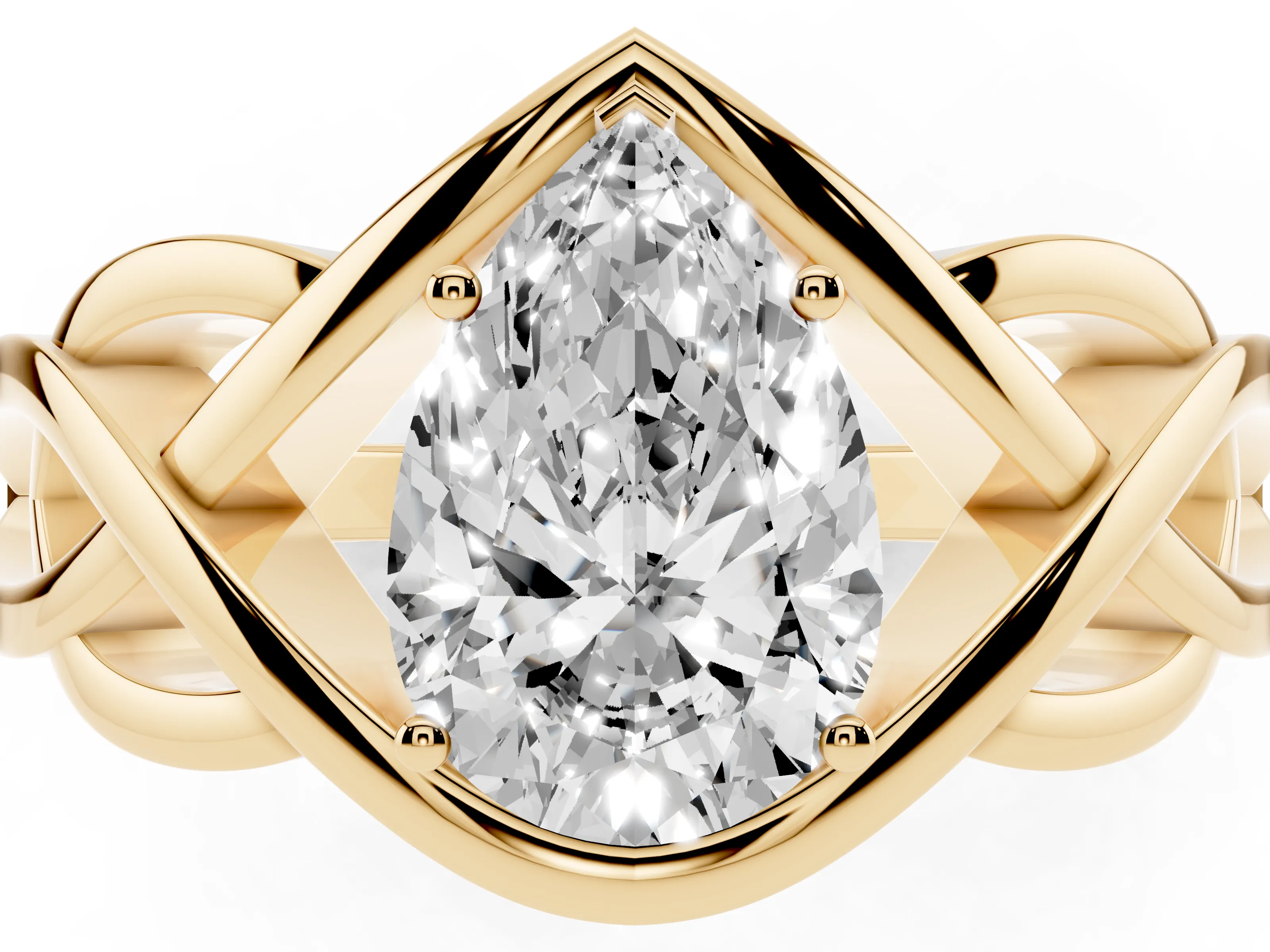 Pear Cut Diamond Solitaire Ring Set in Yellow gold with Intertwined Band