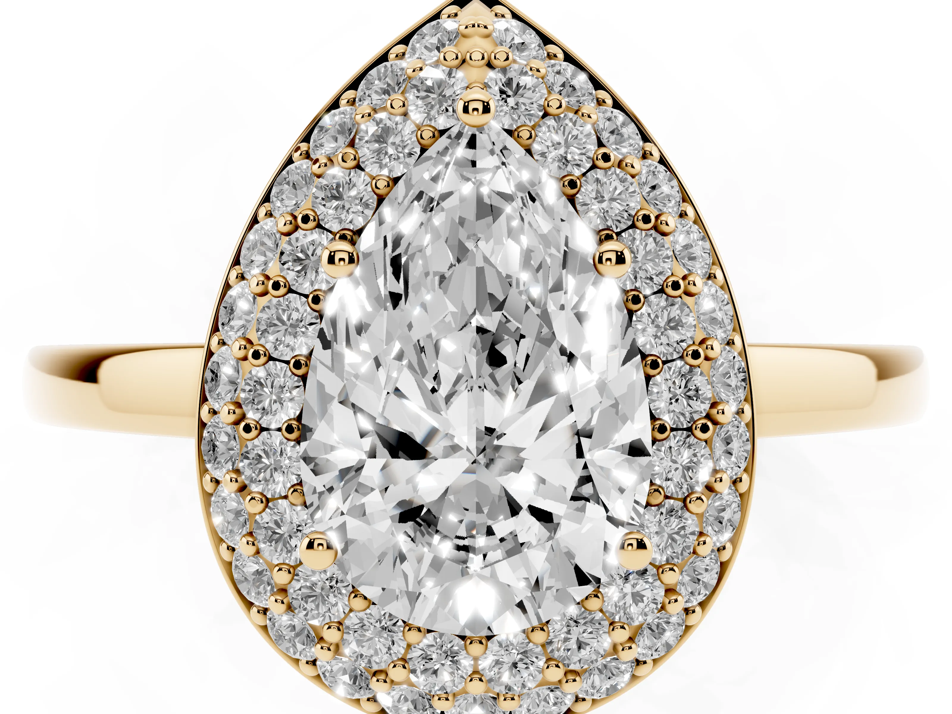 Pear Cut Diamond Halo Engagement Ring Set in Yellow gold with Solitaire Band and Prong Setting