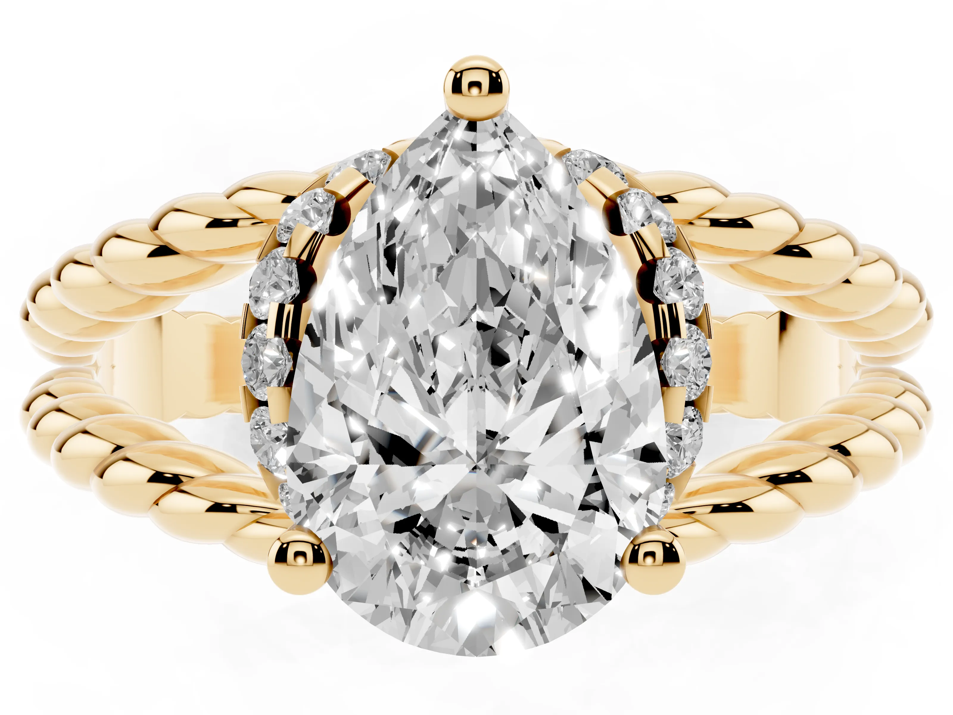Pear Cut Diamond Halo Ring Set in Yellow gold with Twisted Band and Prong Setting