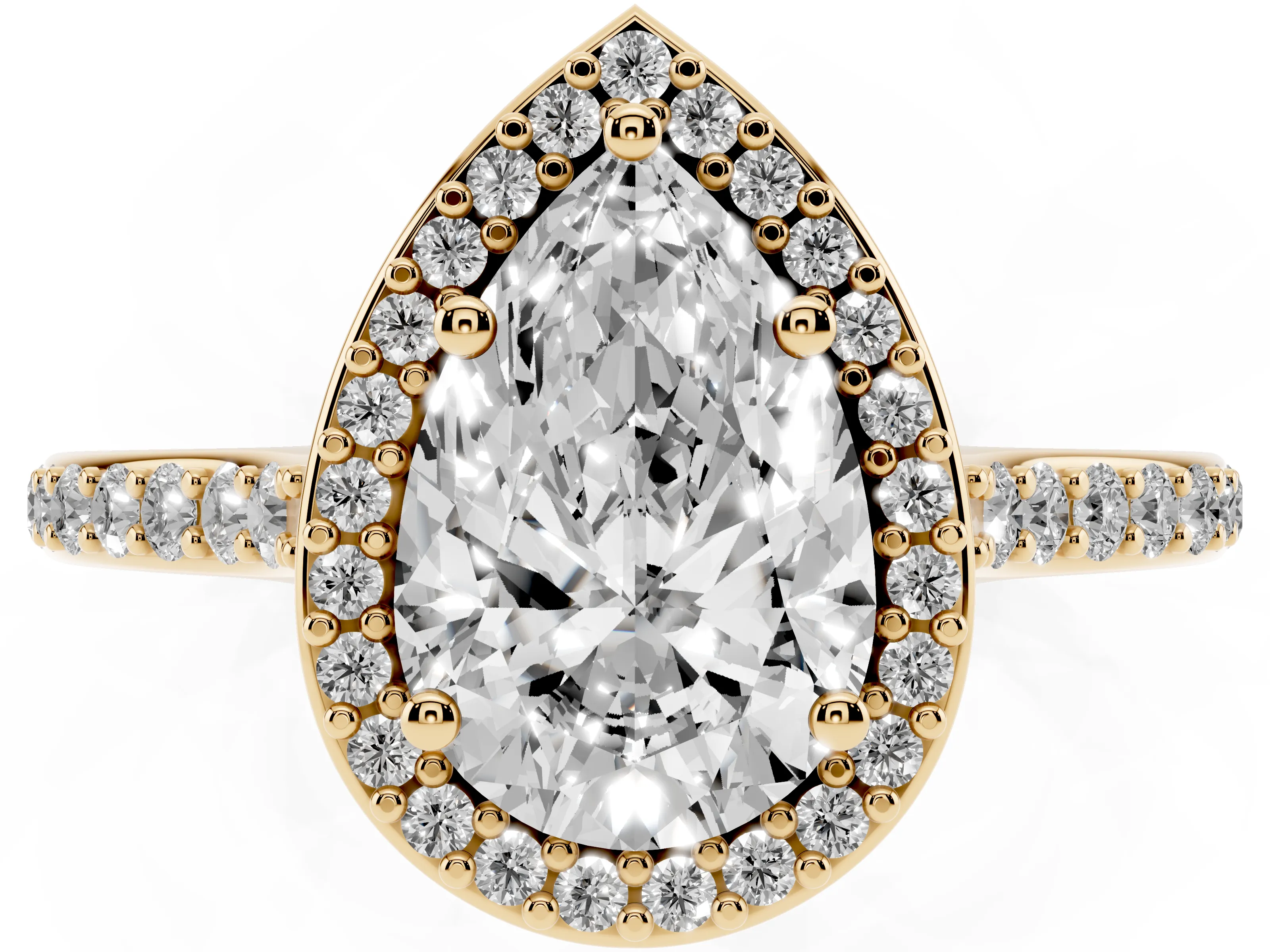 Pear Cut Diamond Halo Engagement Ring Set in Yellow gold with Round Pavé Shoulders and Heart Gallery