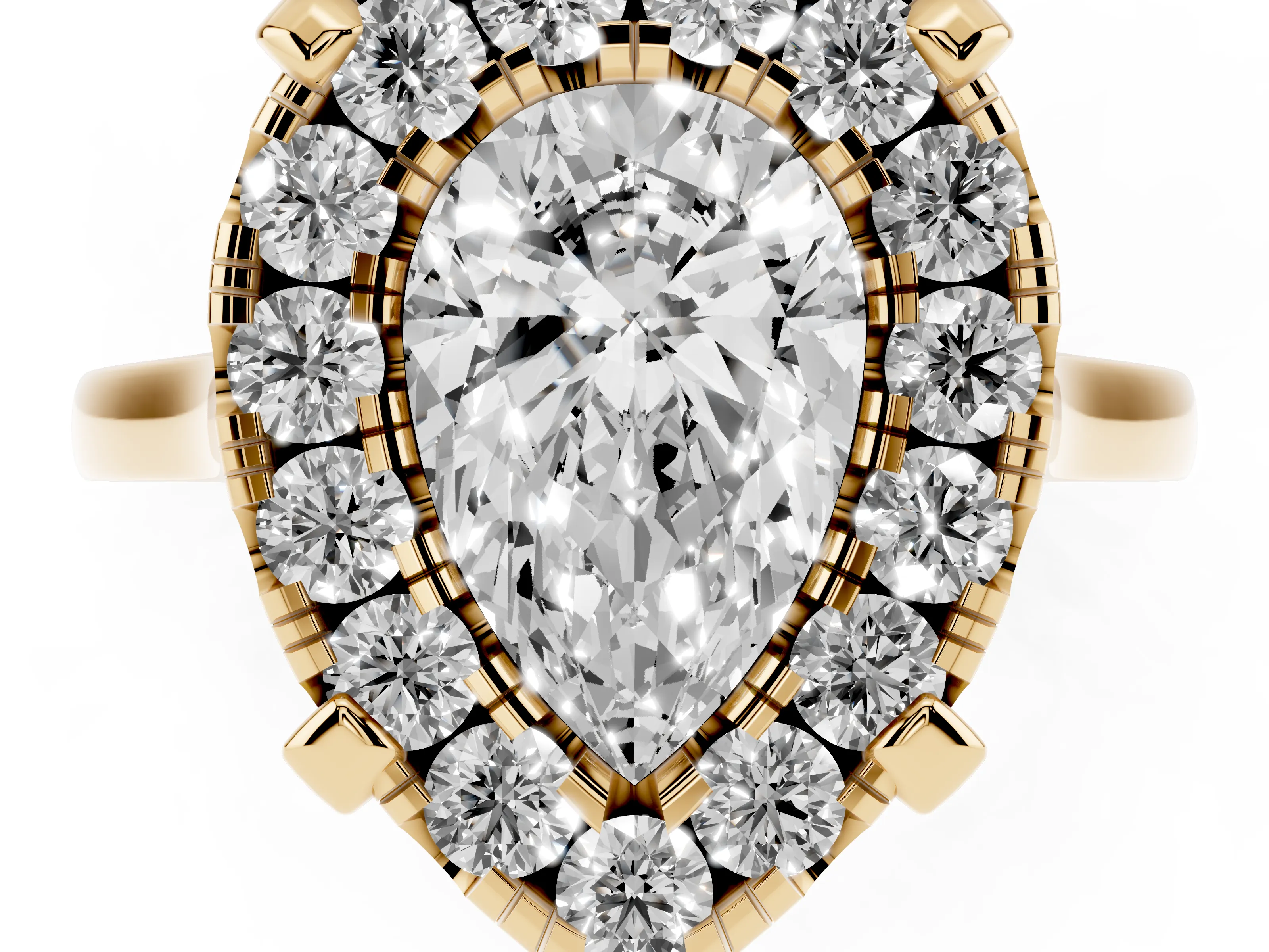 Pear Cut Diamond Cluster Halo Solitaire Ring Set in Yellow gold with Prong Setting