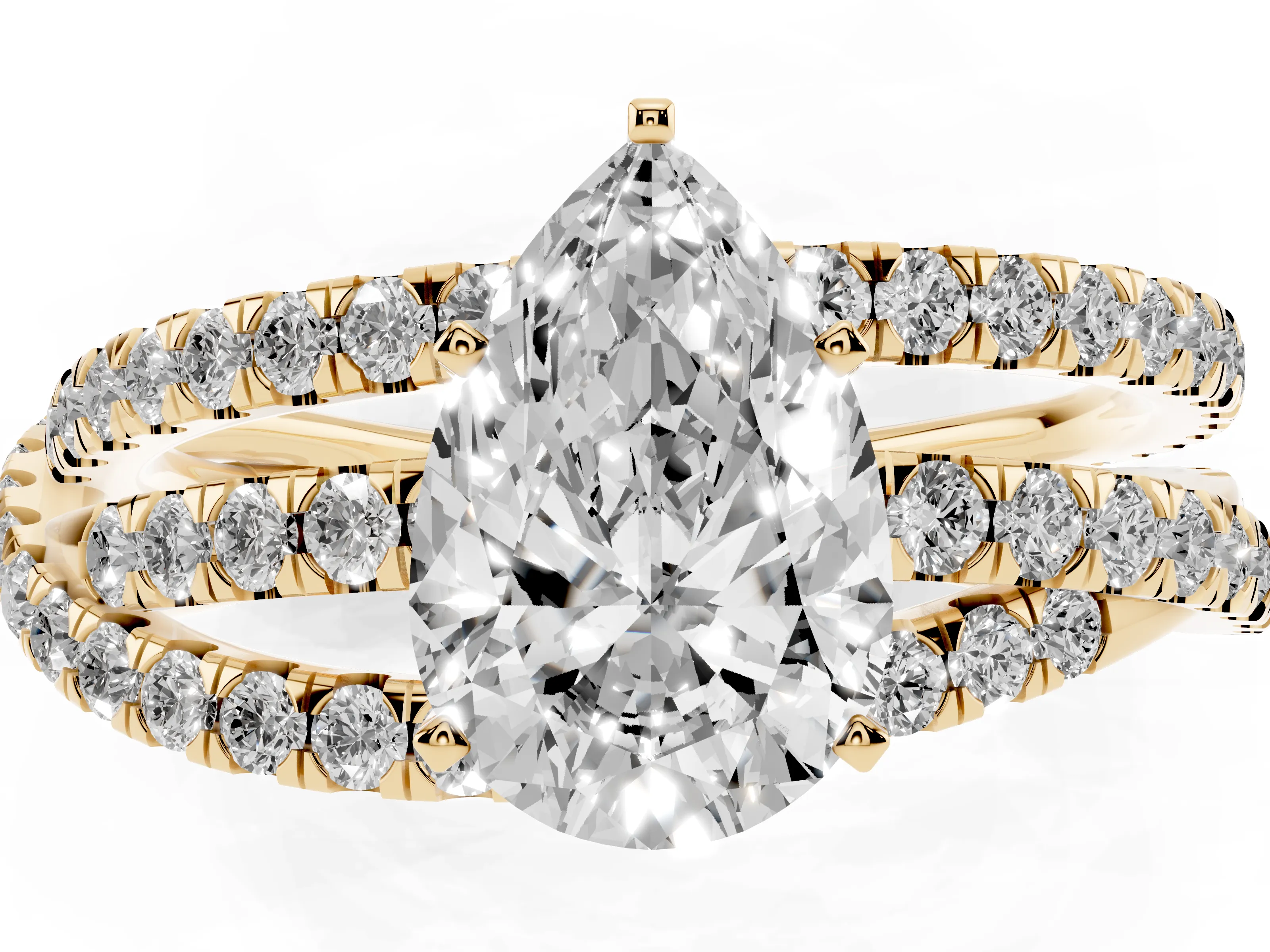 Pear Cut Diamond Solitaire Twist Band Ring Set in Yellow gold with Pavé Setting and Prong Head