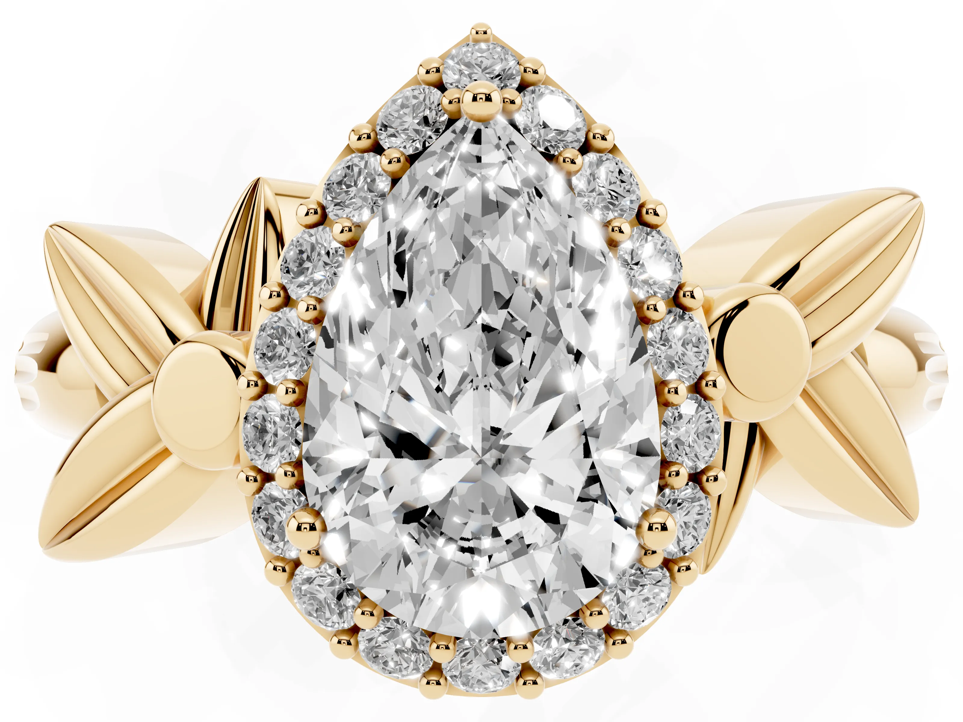 Pear Cut Diamond Halo Floral Band Ring Set in Yellow gold with Prong Setting