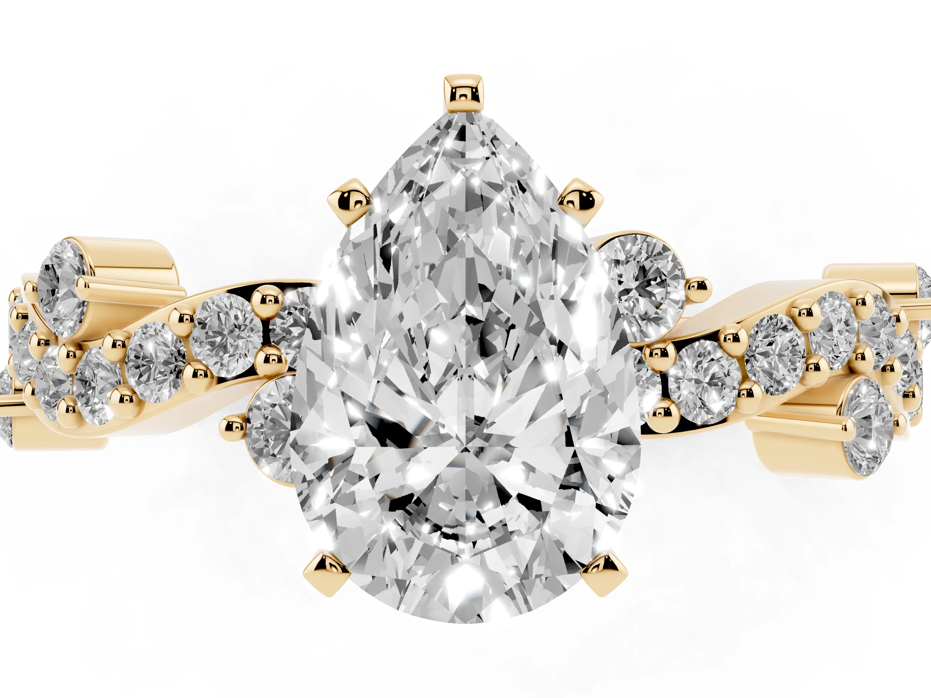 Pear Cut Diamond Solitaire Twisted Band Set in Yellow gold with Pavé Setting