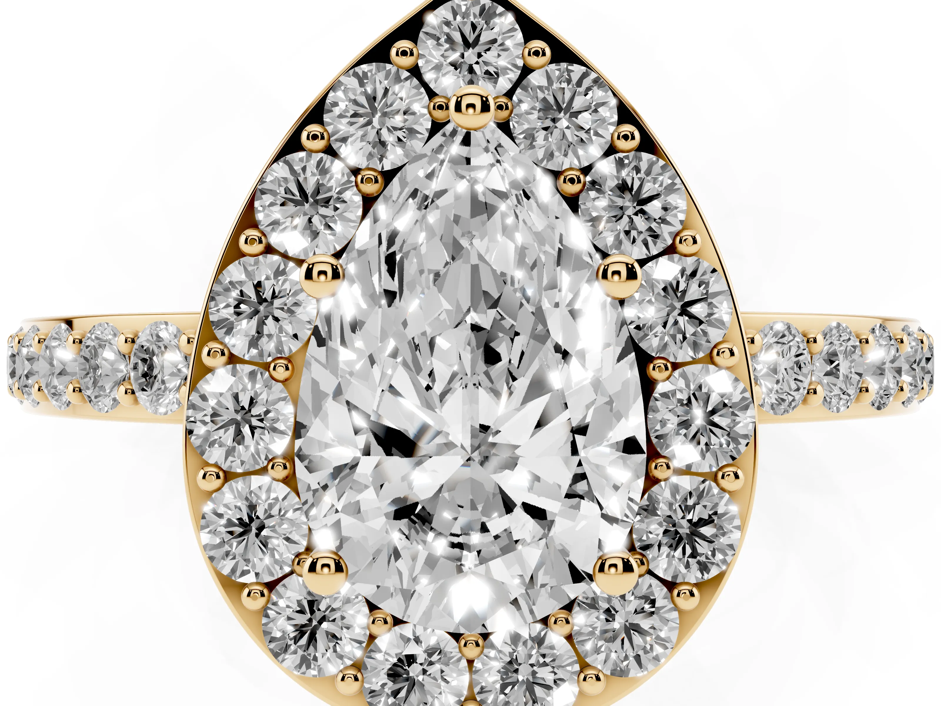 Pear Cut Diamond Halo Ring Set in Yellow gold with Pavé-Setting Band and Open Prong Center