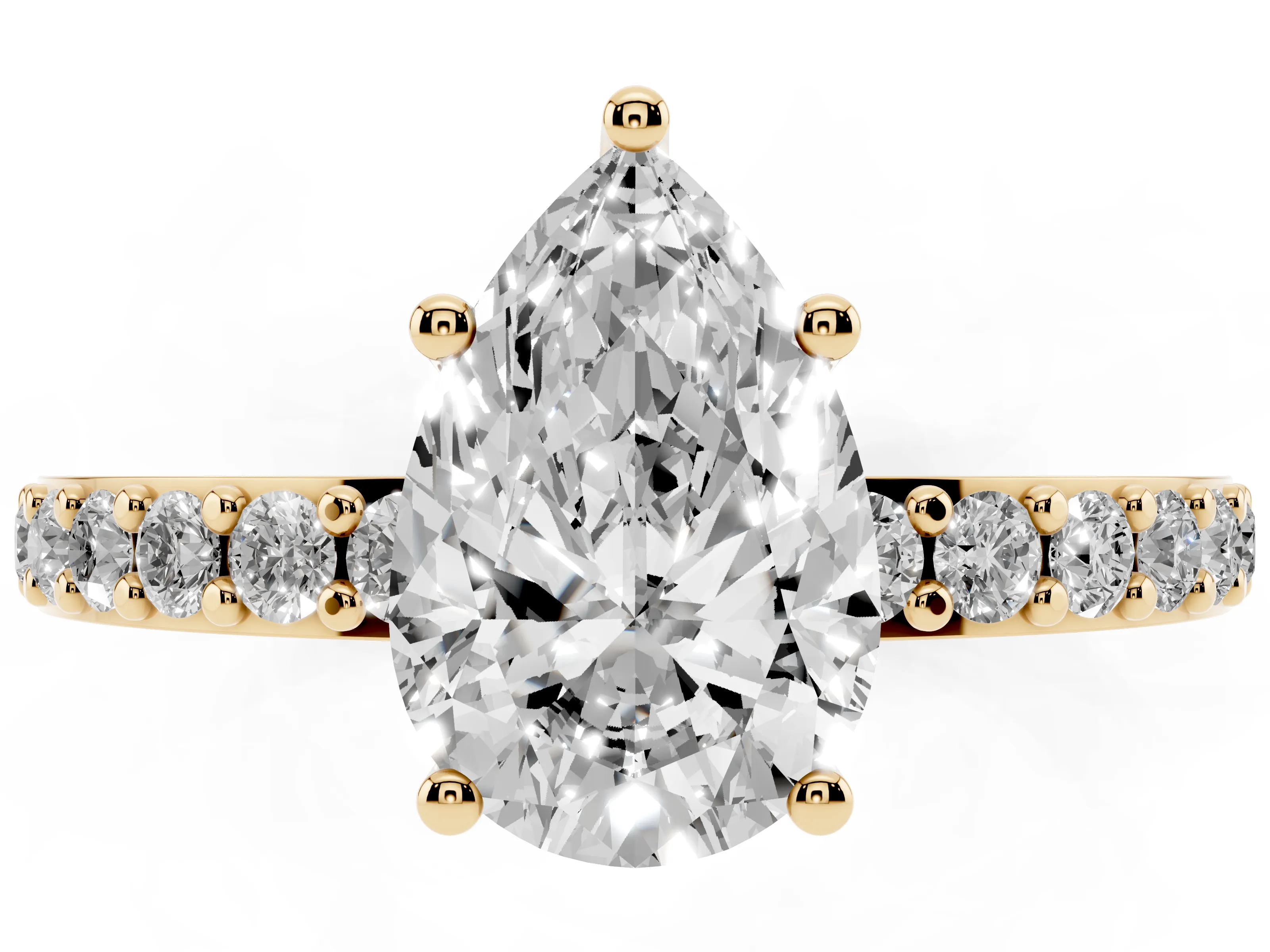 Pear Cut Diamond Solitaire Set in Yellow gold with Round Pavé Band and Prong Setting
