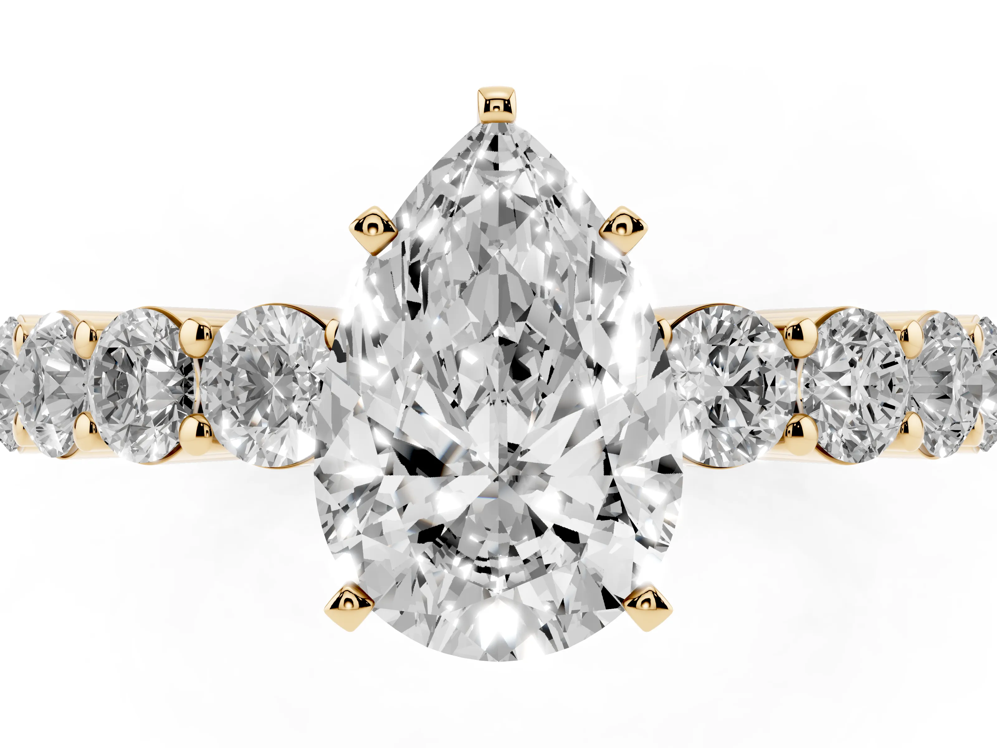 Pear Cut Diamond Solitaire Ring Set in Yellow gold with Shared Prong Round Side Stones