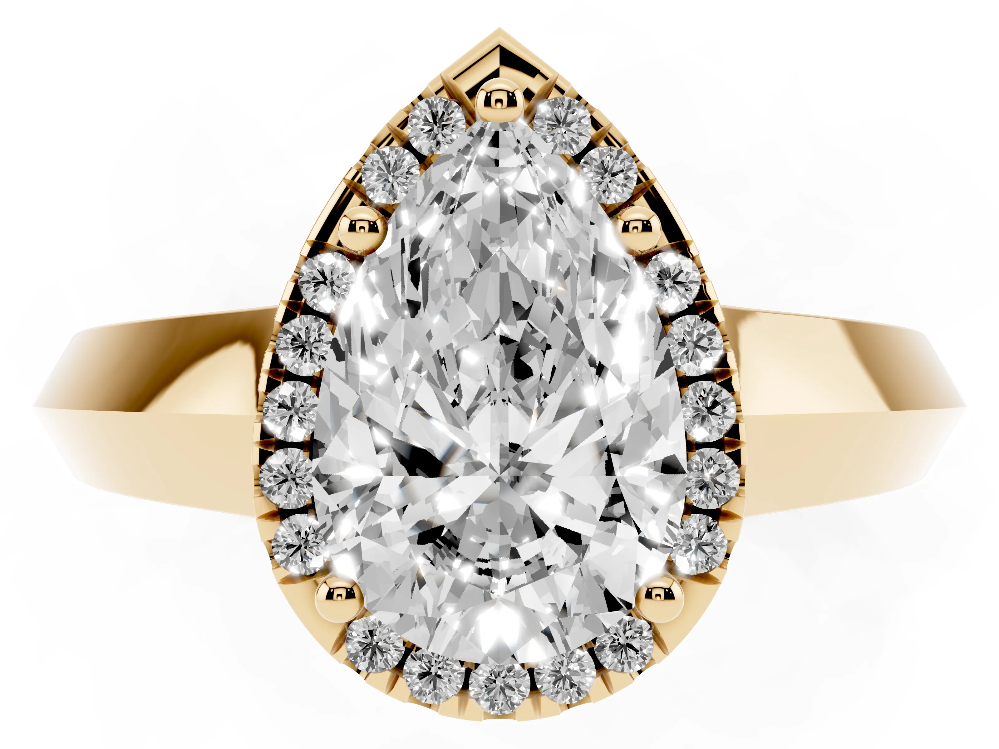Pear Cut Diamond Halo Ring Set in Yellow gold with Cathedral Band and Prong Setting