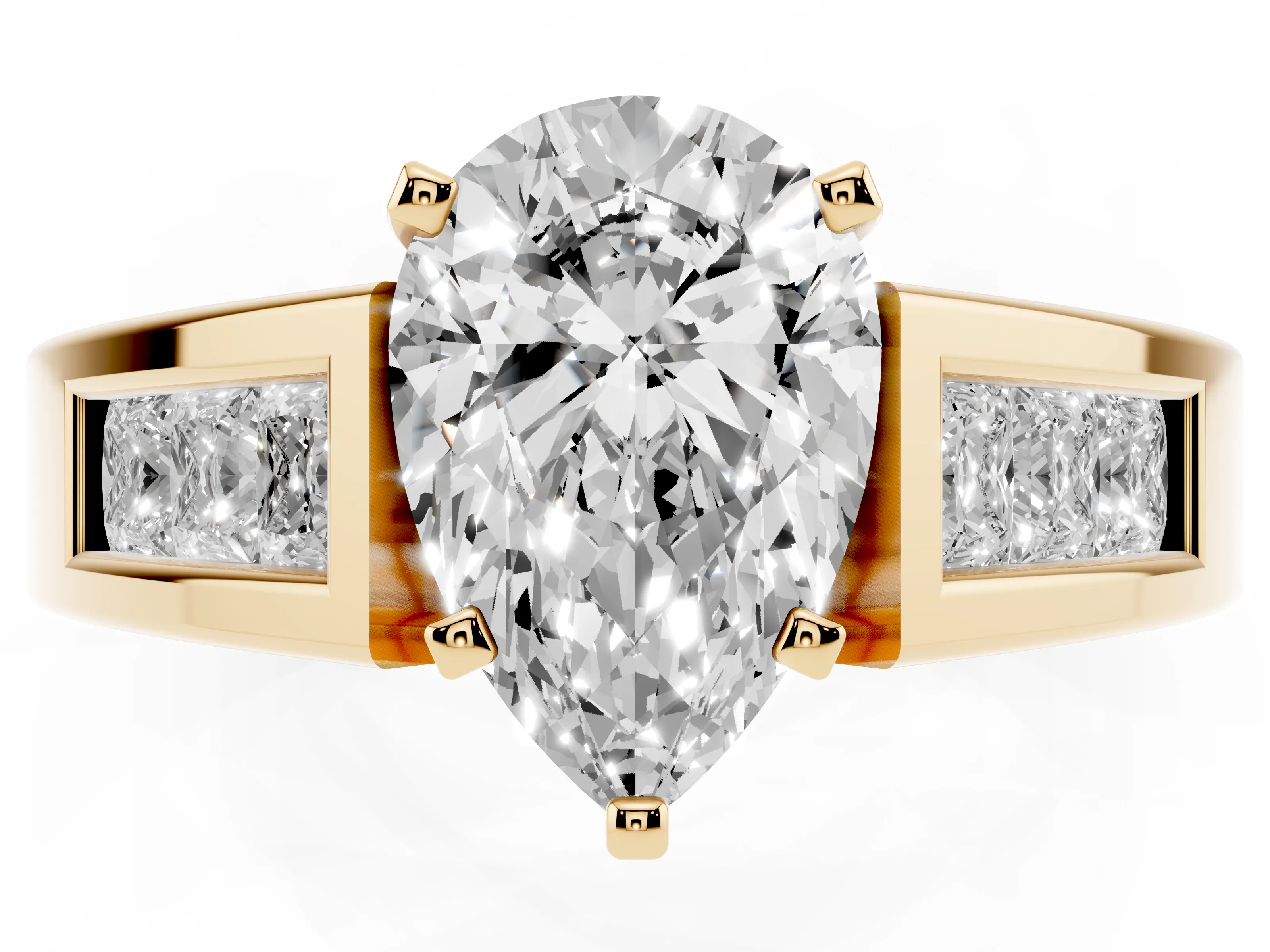 Pear Cut Diamond Solitaire Ring Set in Yellow gold with Channel-Set Accent Stones and Prong Setting