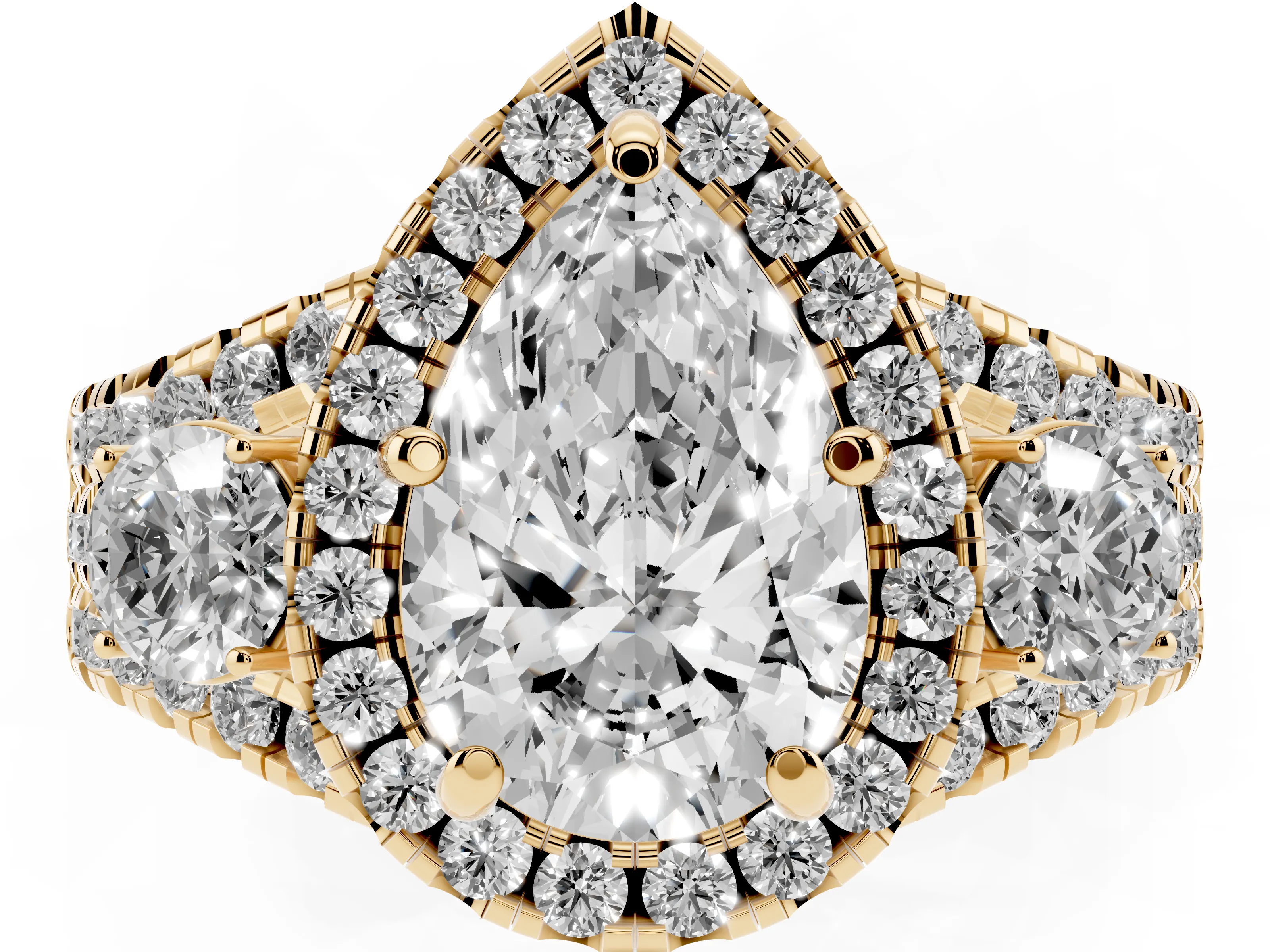 Pear Cut Diamond Halo Split Shank Ring Set in Yellow gold with Round Accent Stones and Prong Setting