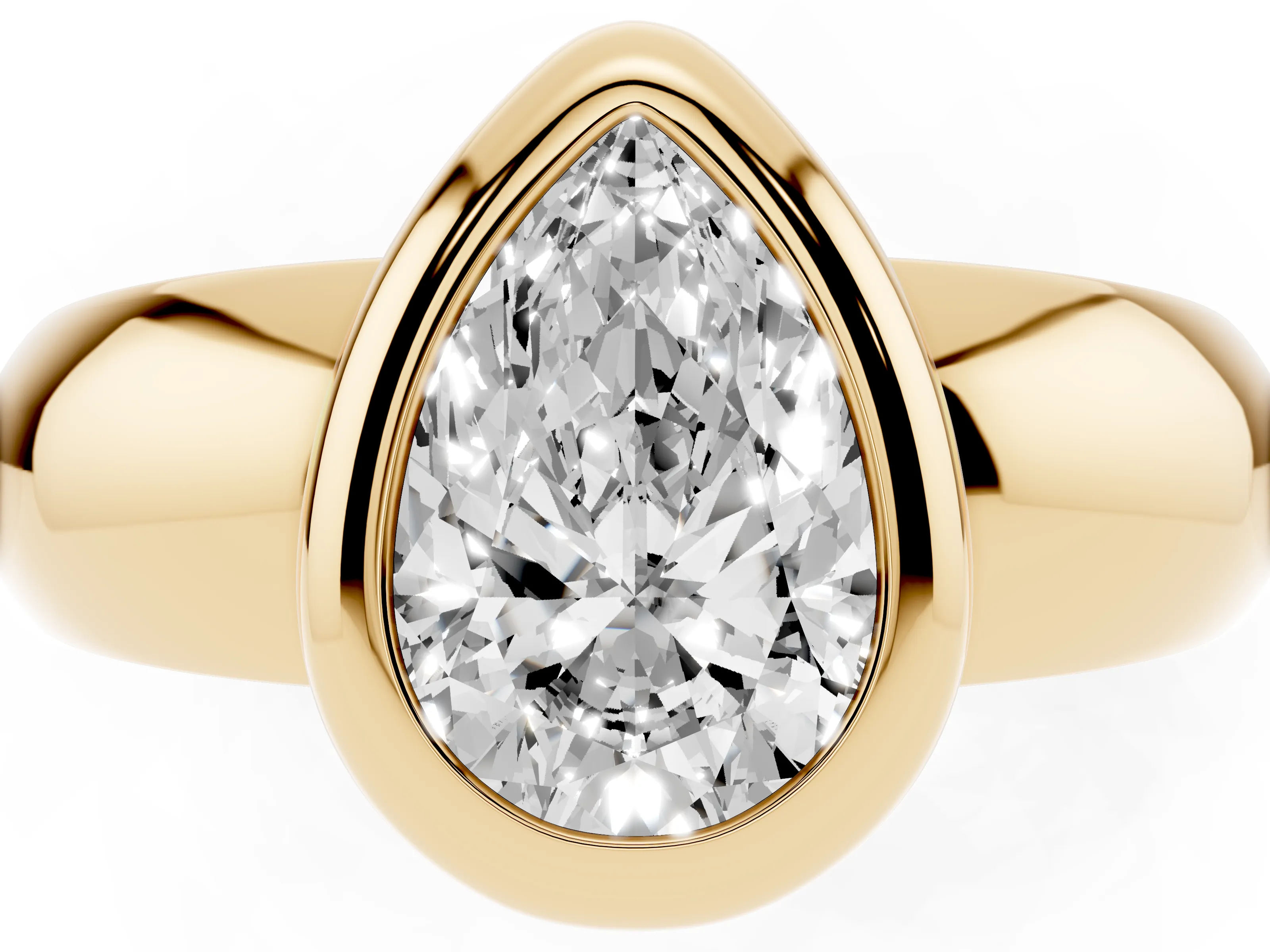 Bezel Set Pear Cut Diamond Solitaire Ring Set in Yellow gold with Wide Band