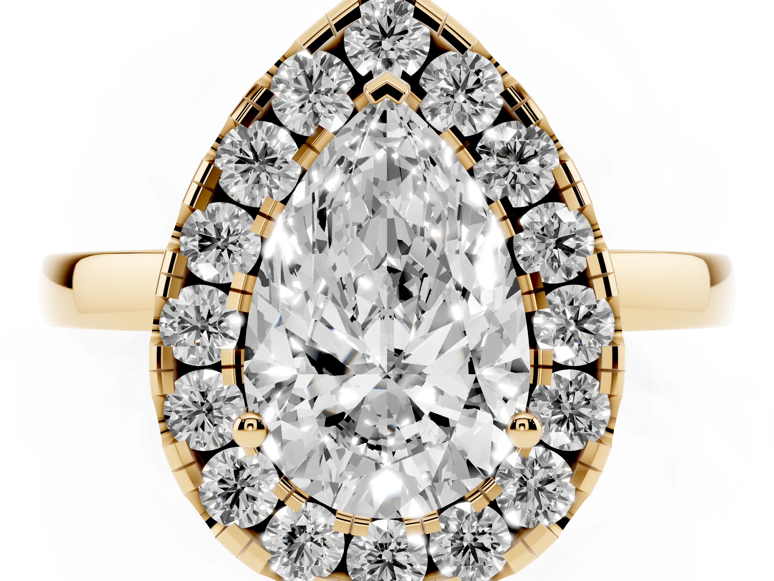 Pear Cut Diamond Halo Solitaire Ring Set in Yellow gold with Pavé Band and Prong Setting