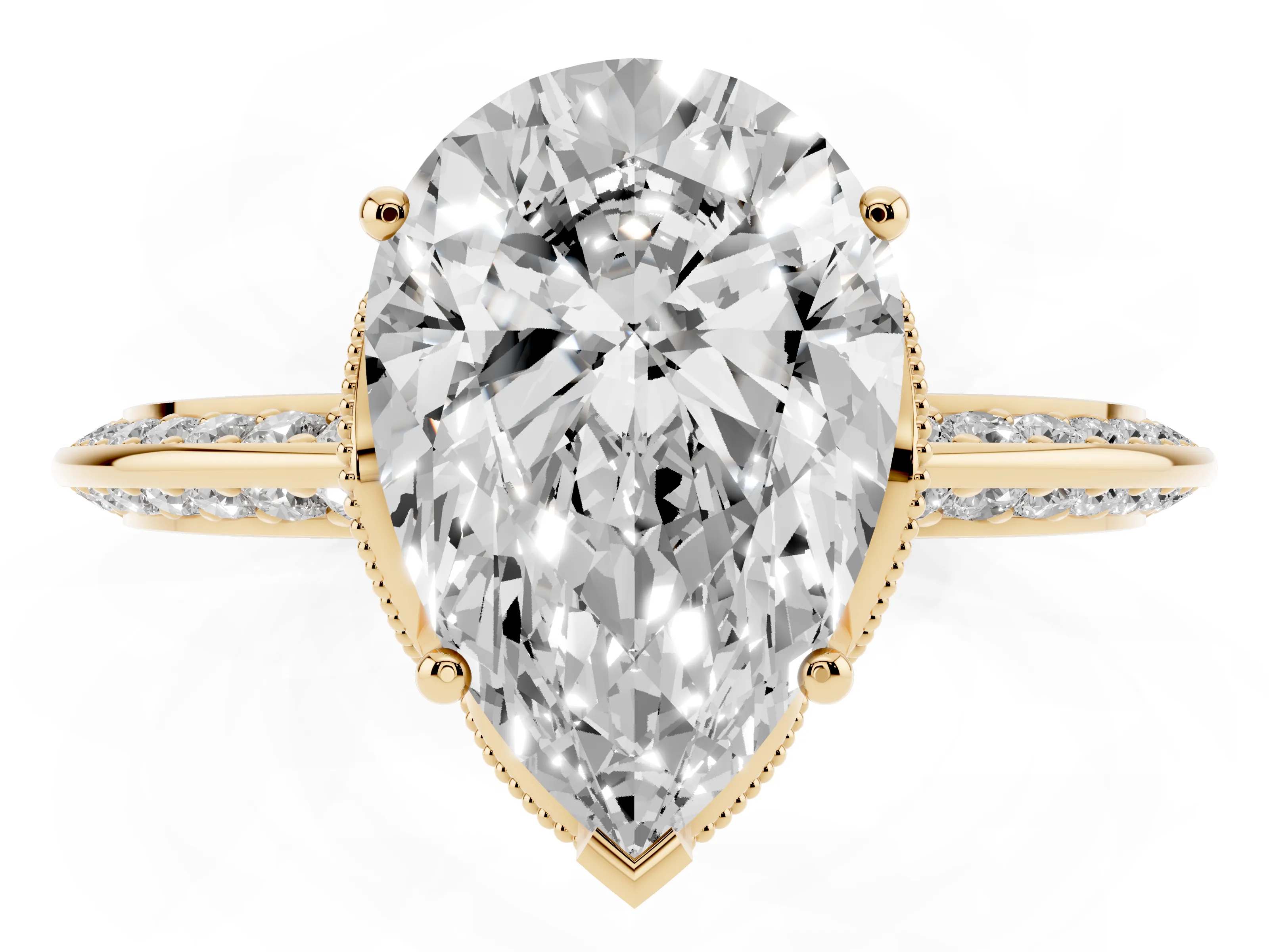 Pear Cut Diamond Solitaire Engagement Ring Set in Yellow gold with Pavé Split Shank and Prong Setting