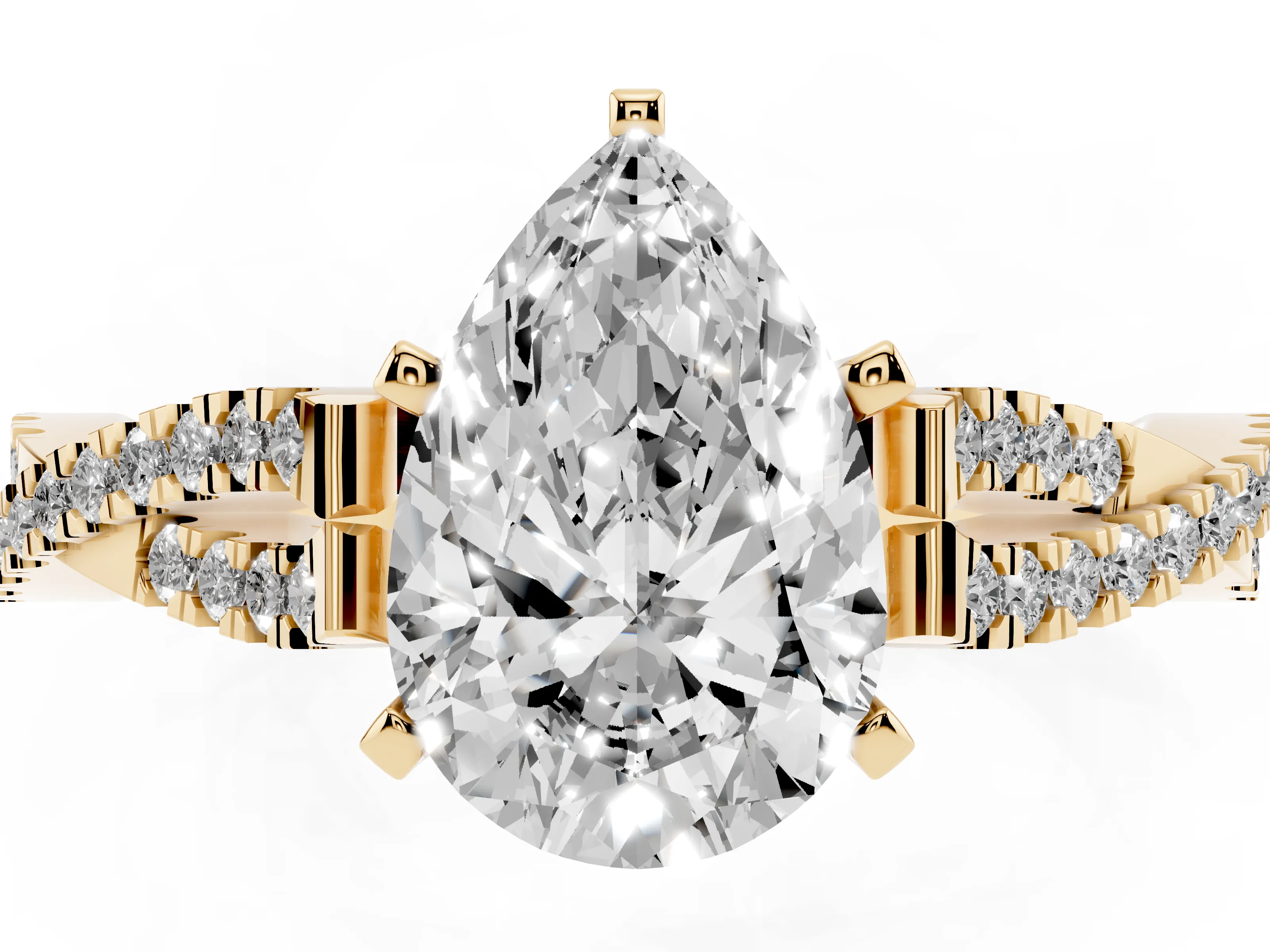 Pear Cut Diamond Solitaire Engagement Ring Set in Yellow gold with Twisted Pavé Band and Prong Setting